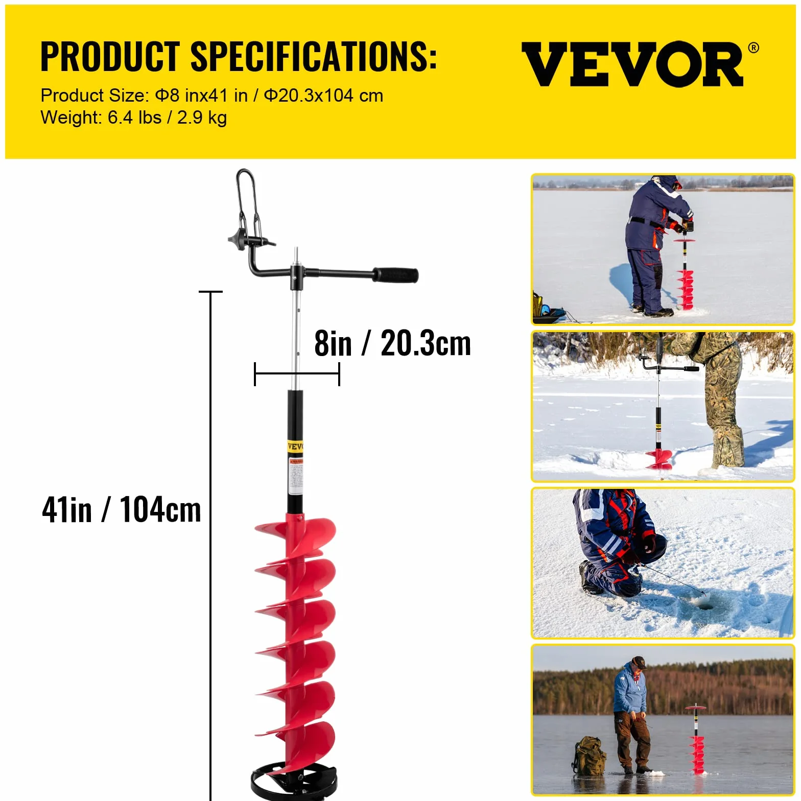 VEVOR Barrena para hielo de nailón 8" x 41" con varilla de extensión ajustable 14" mango de goma