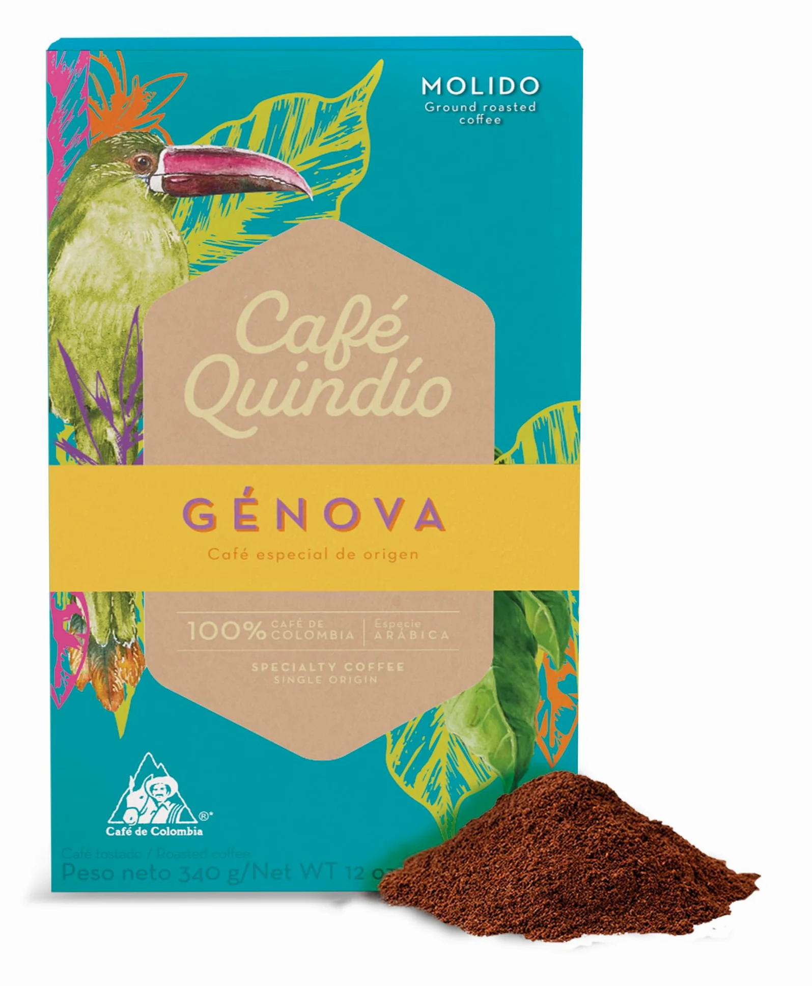 Café Quindío - Cafe Especialidad Molido, 100% Arábica Colombia | Origin único, SCA 87.68, tueste medio, ideal para cafetera goteo, prensa francesa o V60 (340 g, Caramelo)