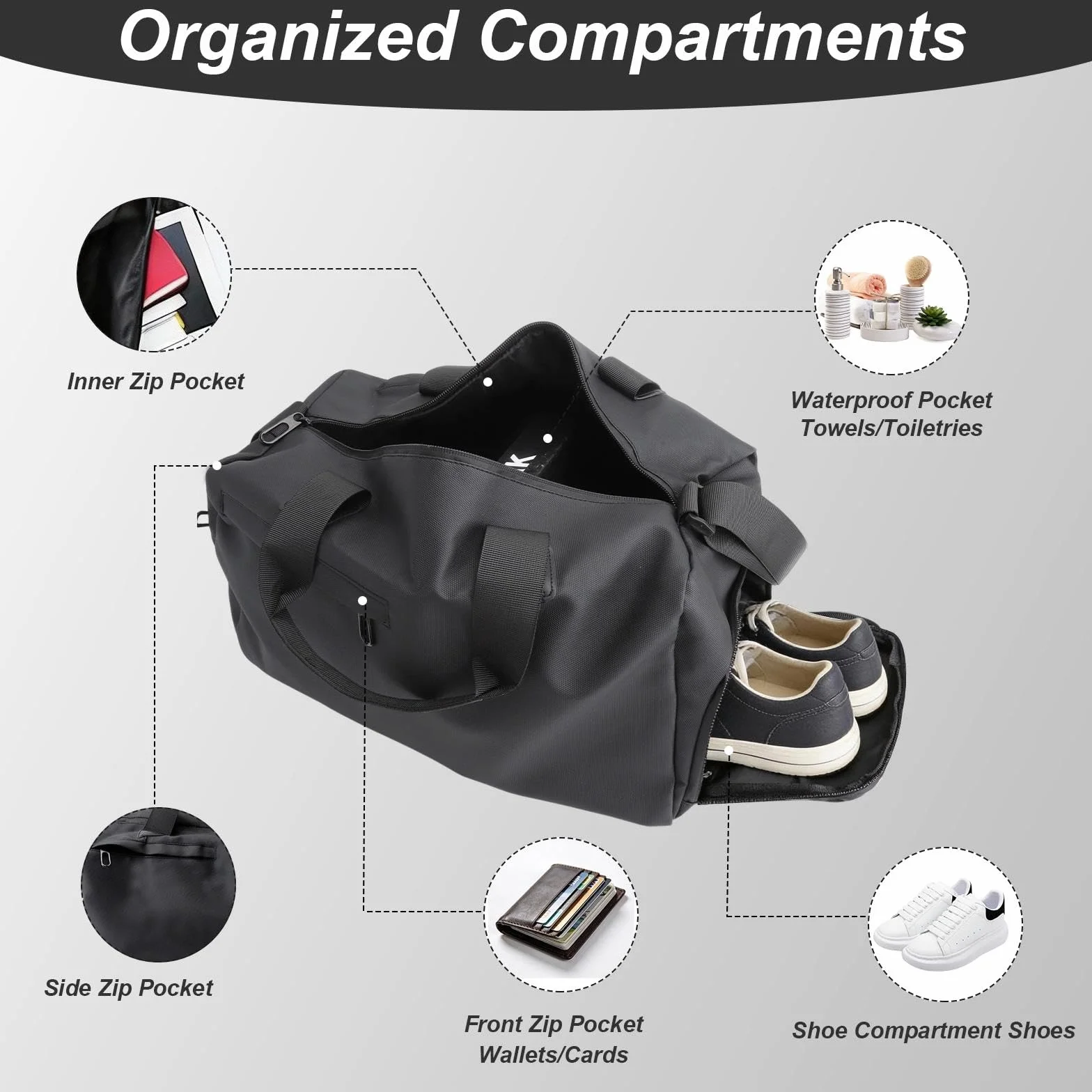 Bolsa de deporte con compartimento húmedo y seco, para zapatos, múltiples bolsillos, negra