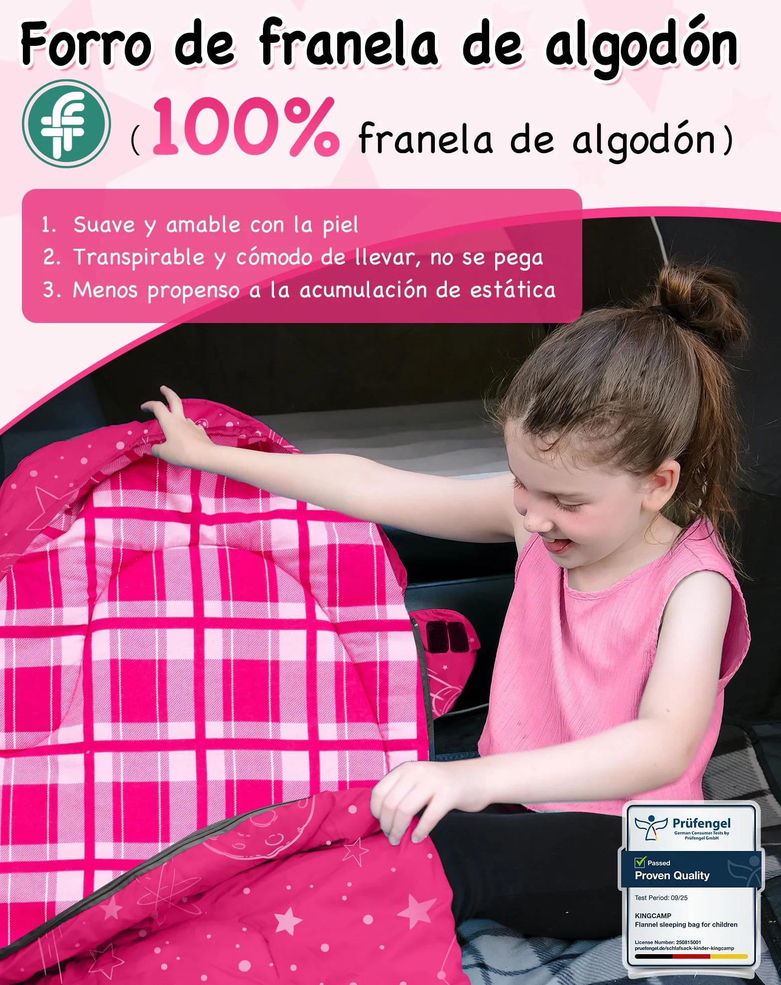 KingCamp Saco de Dormir Niños Franela de Algodón | 170 X 70 cm | 7℃ a -13 ℃ | Cálido y Cómodo para Niñas(Altura máxima hasta 145 cm) | Invierno Camping Accesorios, Viajes y Actividades