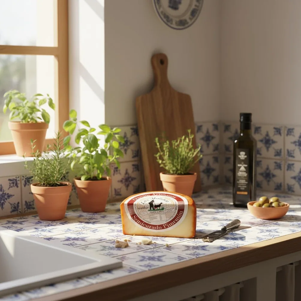 Queso Artesano Semi Curado Pimentón 100% de Leche de Cabra Entero 500 gr | Queso Gourmet Elaboración Tradicional y Casera con Ganadería Propia | Sabor Único y Natural | Estuche de Madera
