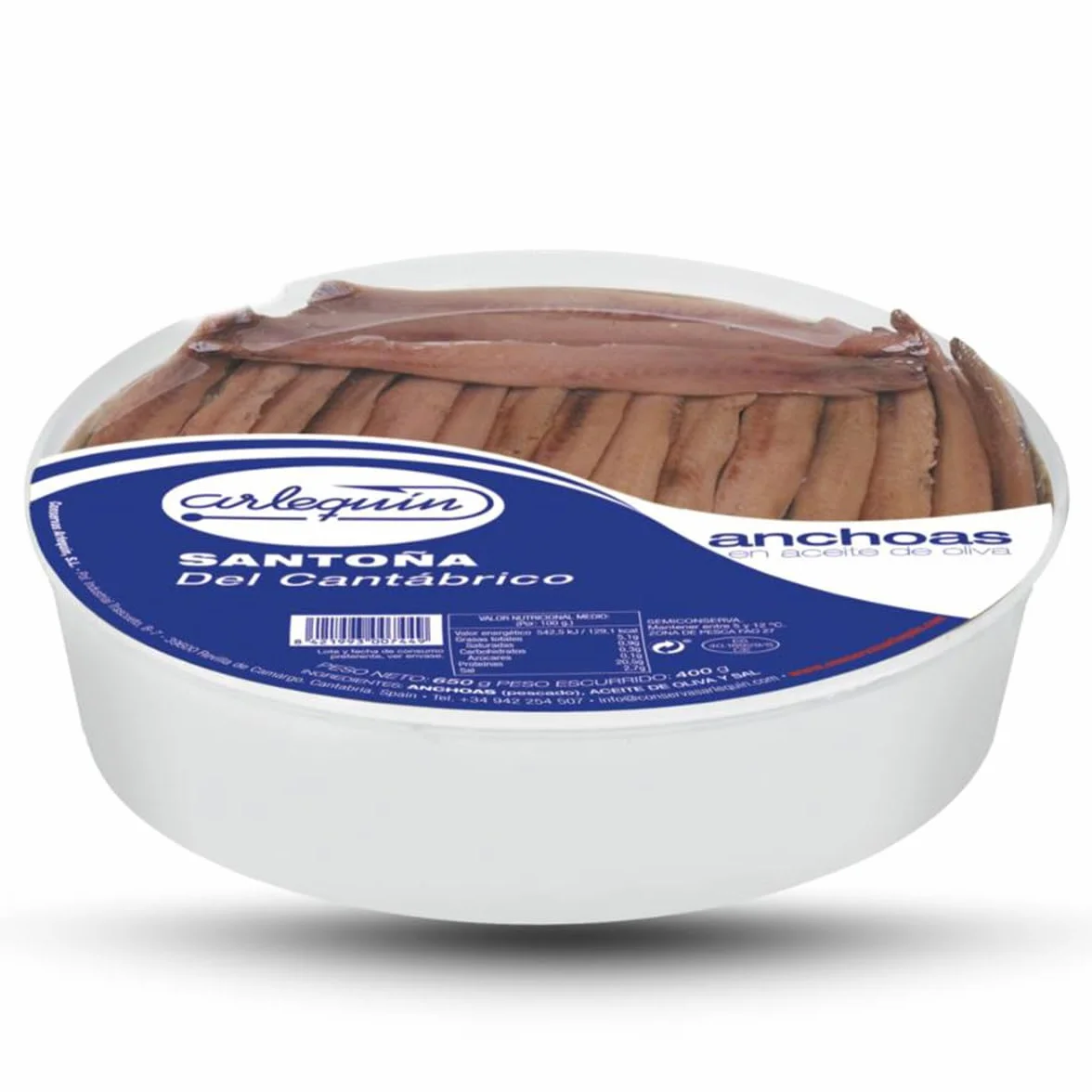 ARLEQUIN Anchoa del Cantábrico en Aceite de Oliva Tarrina 400 gr 30 Filetes
