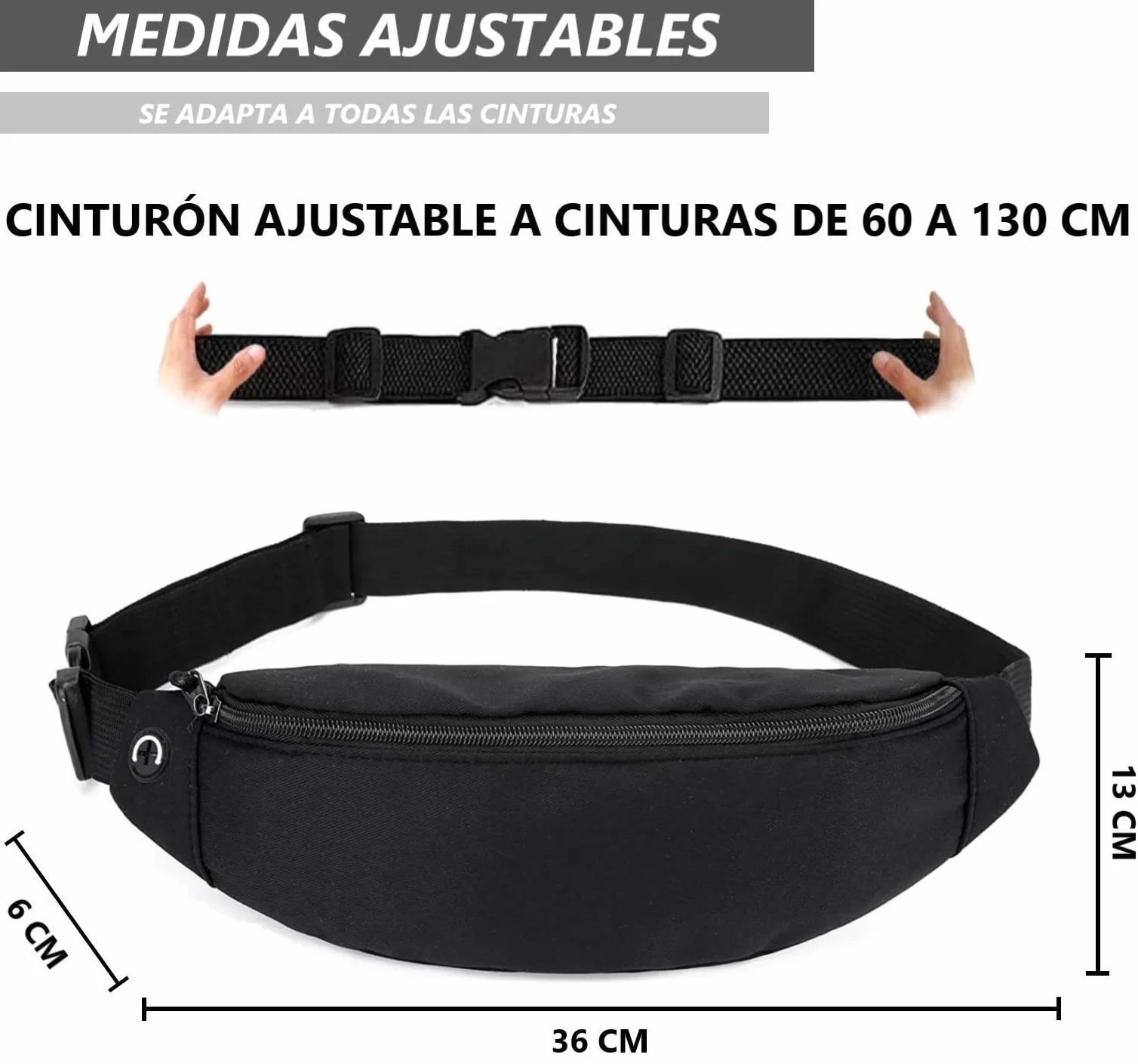 Riñonera Deportiva con Cinturón Ajustable para Entrenamiento al Aire Libre, Senderismo, Viaje (Negro)