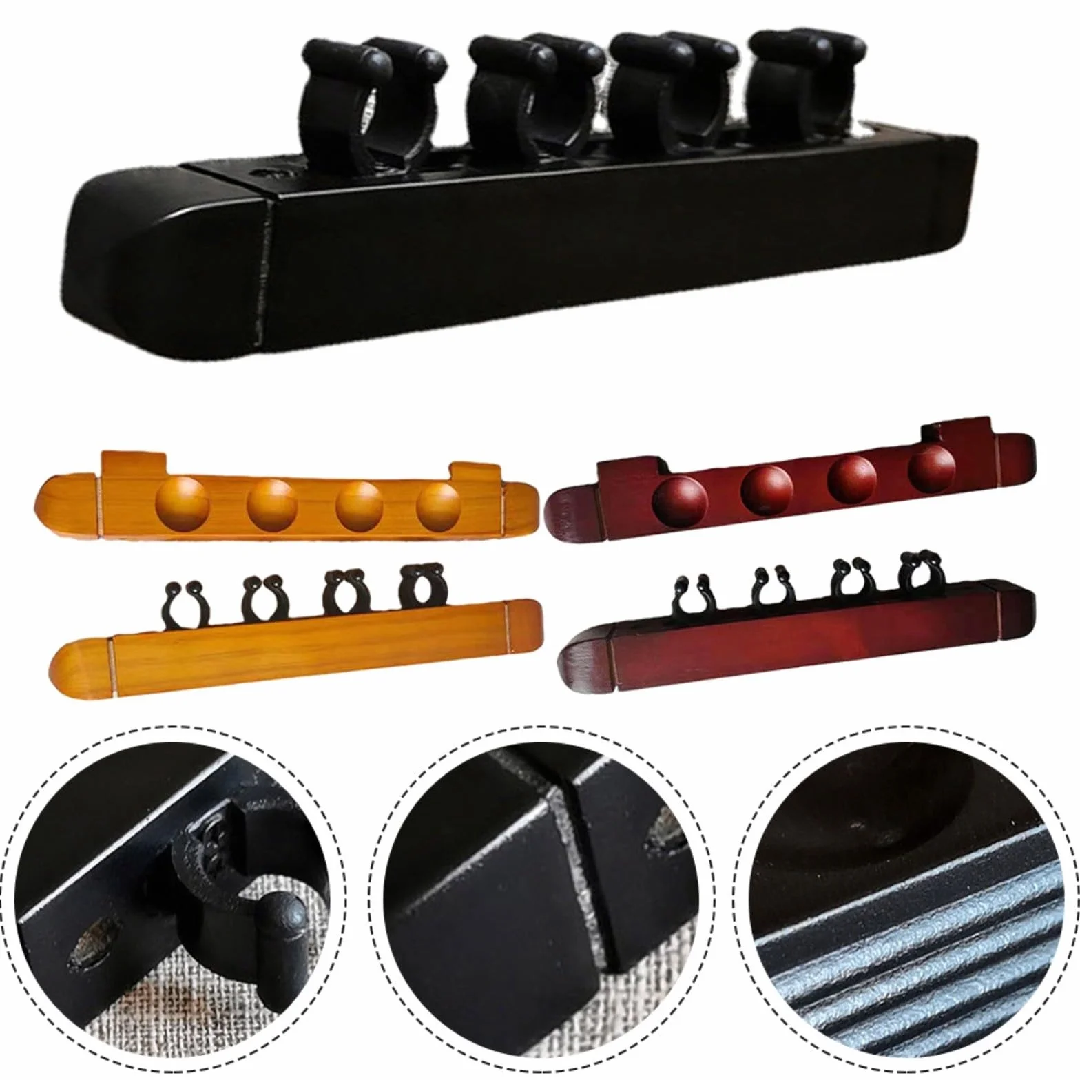 Soporte de pared para tacos de billar, 4 ranuras, madera, negro rojo amarillo