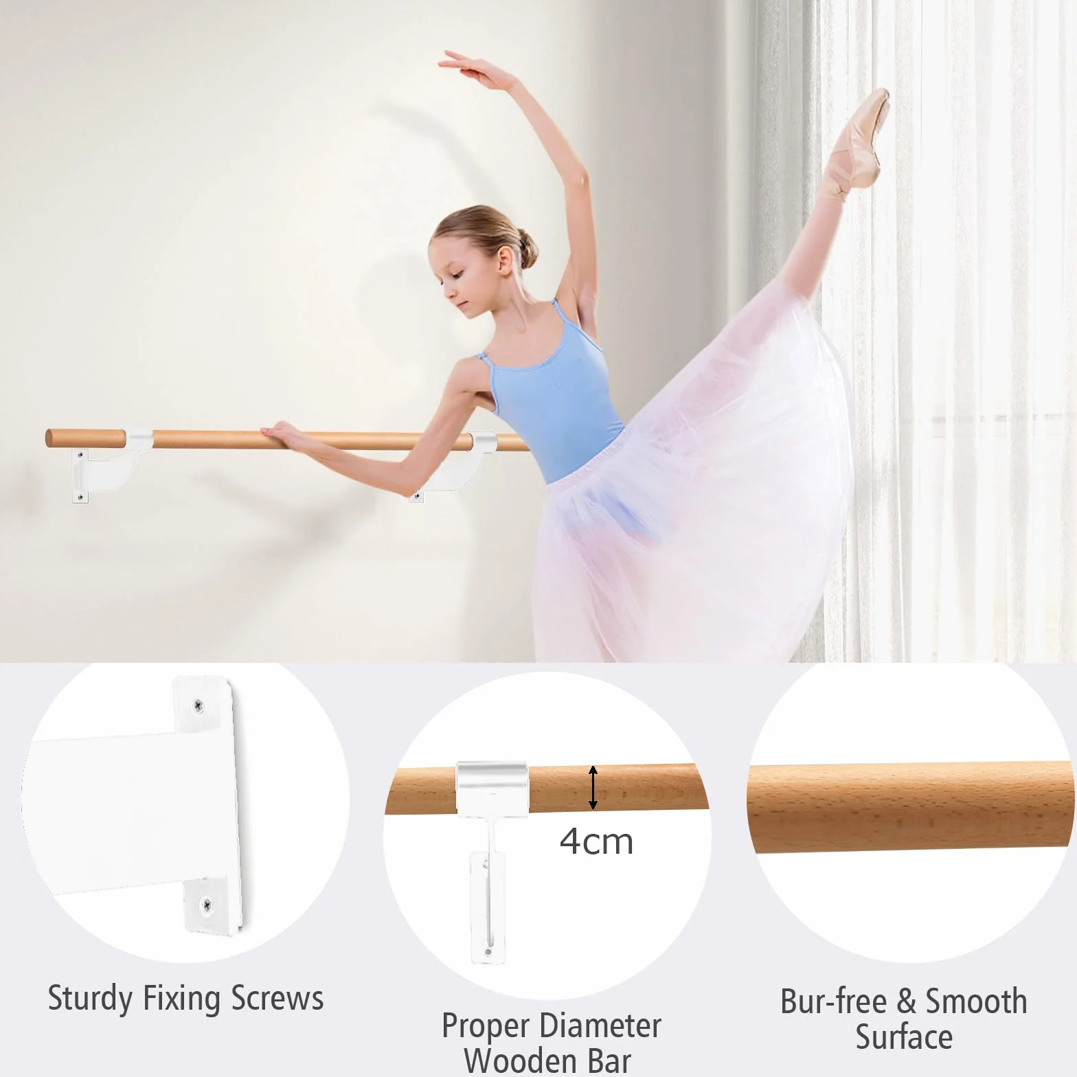 GYMAX Barra de Ballet de Pared 4 pies, Madera de Haya para Estiramiento, Yoga y Entrenamiento