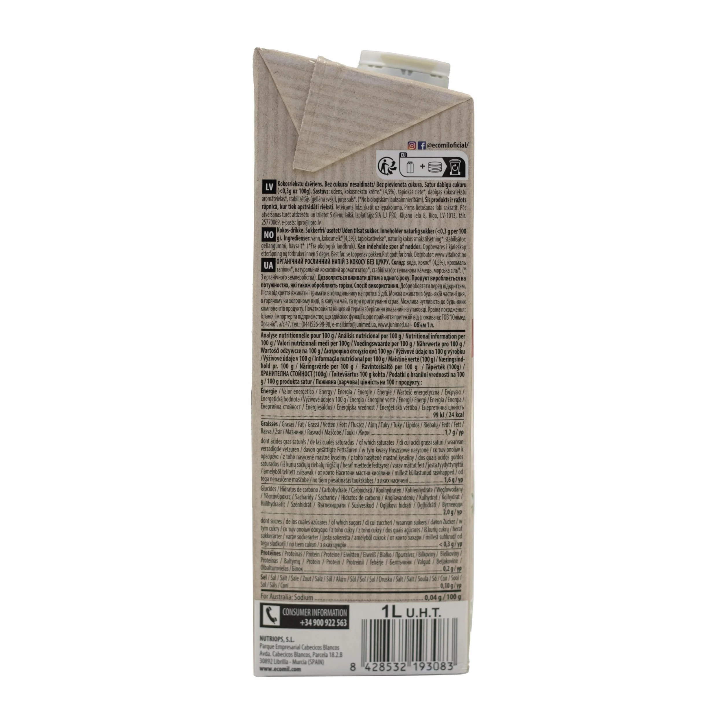 Ecomil - Bebida de Coco Ecológica, Bebida Vegetal, Leche de Coco Bio, Sin Azúcares, Fuente de Calcio, Ingredientes de Agricultura Ecológica - 1L