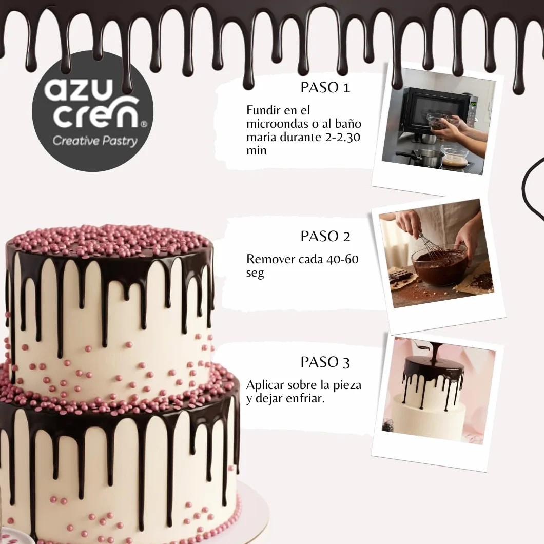 Azucren, Cobertura para Derretir, Sabor Similar al Chocolate, Ideal para Cubrir, Moldear, Bañar y Decorar Tartas, Cake Pops y Postres, Textura Cremosa y Fácil de Usar, 250 g (Blanco Brillante)