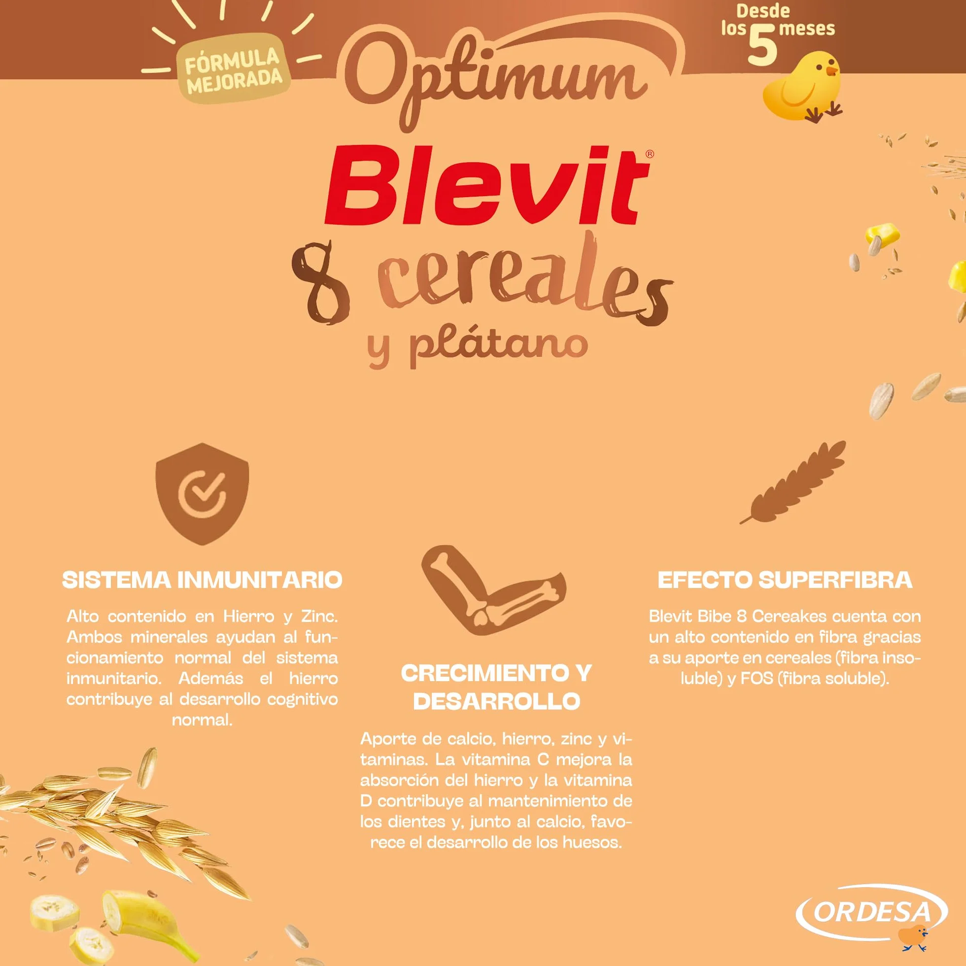 Blevit Optimum 8 Cereales y Plátano | 250g | Papilla para Bebé con 85% de Cereales - Copos de Plátano, Vitaminas, Minerales y Fibra