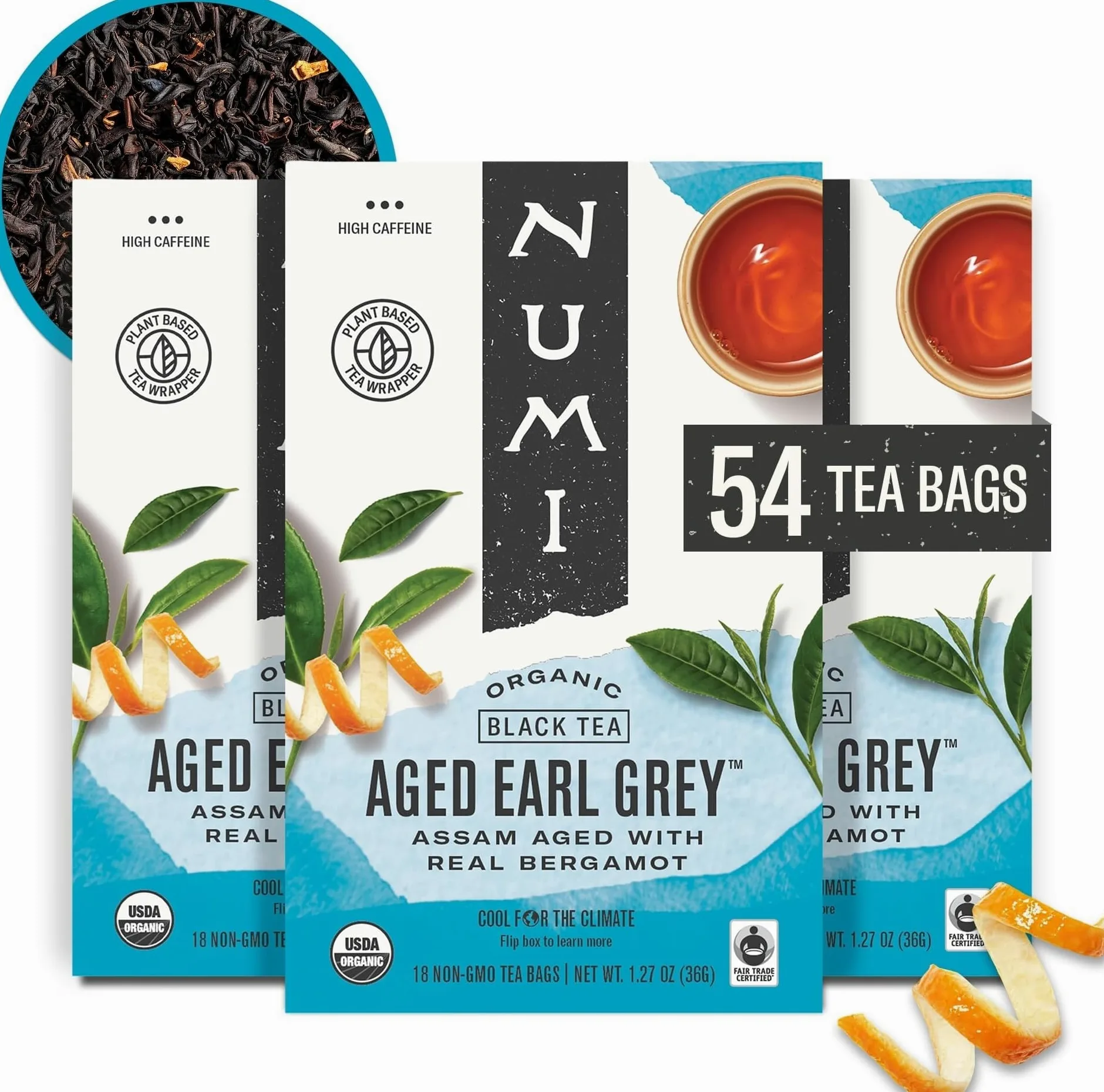 Numi Organic Tea Aged Earl Grey, Full Leaf Black Tea, 18 Count Tea Bags (Pack of 3)