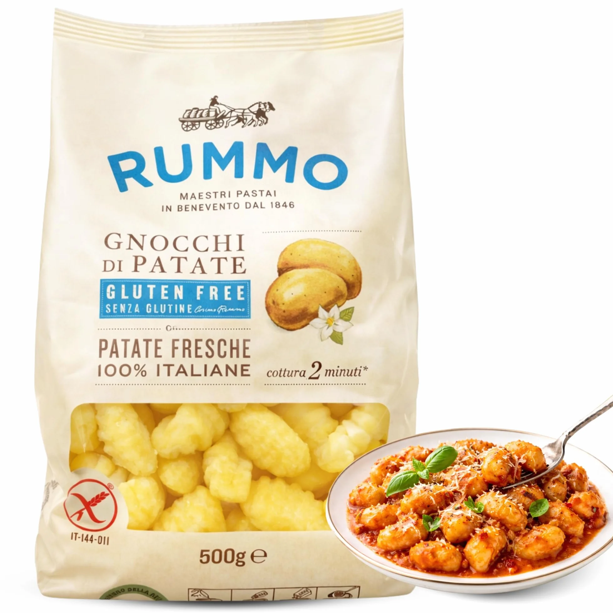 Gnocchi Rummo SIN Gluten de Patatas 65%, ñoquis sin gluten de patatas 100% Italiana, Pasta Italiana, Tiempo de cocción 2 minutos, 1 Paquete de 500 gr