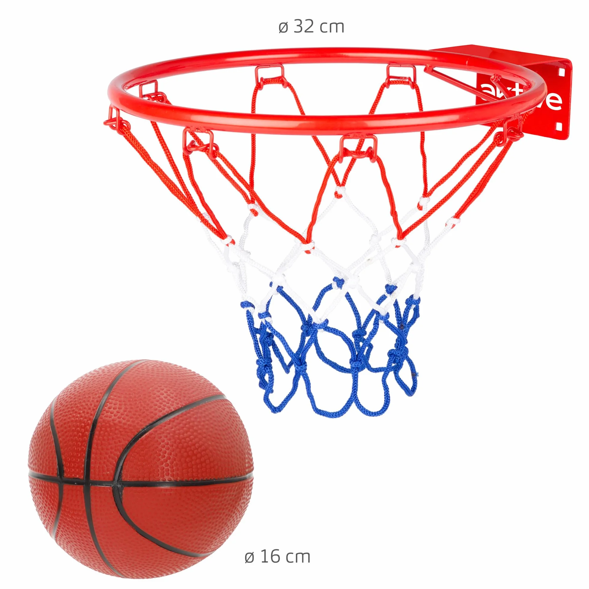 Canasta de Baloncesto Pared AKTIVE 54277, 32 cm, Red poliéster, Aro metálico, Incluye Pelota