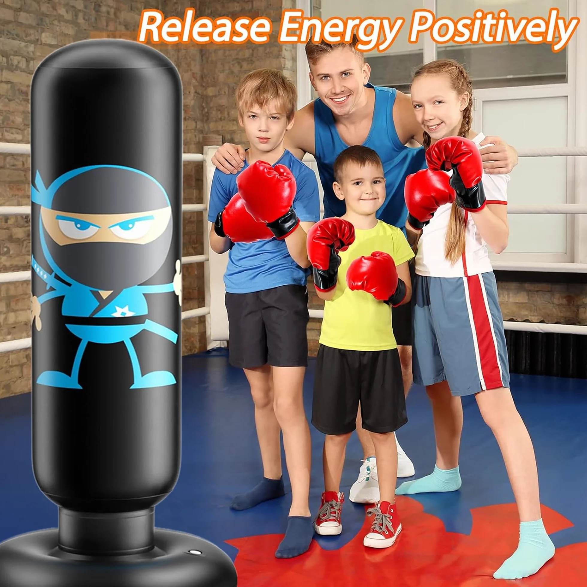 Saco de Boxeo Hinchable 160cm con Guantes Ninja para Niños Karate Taekwondo MMA