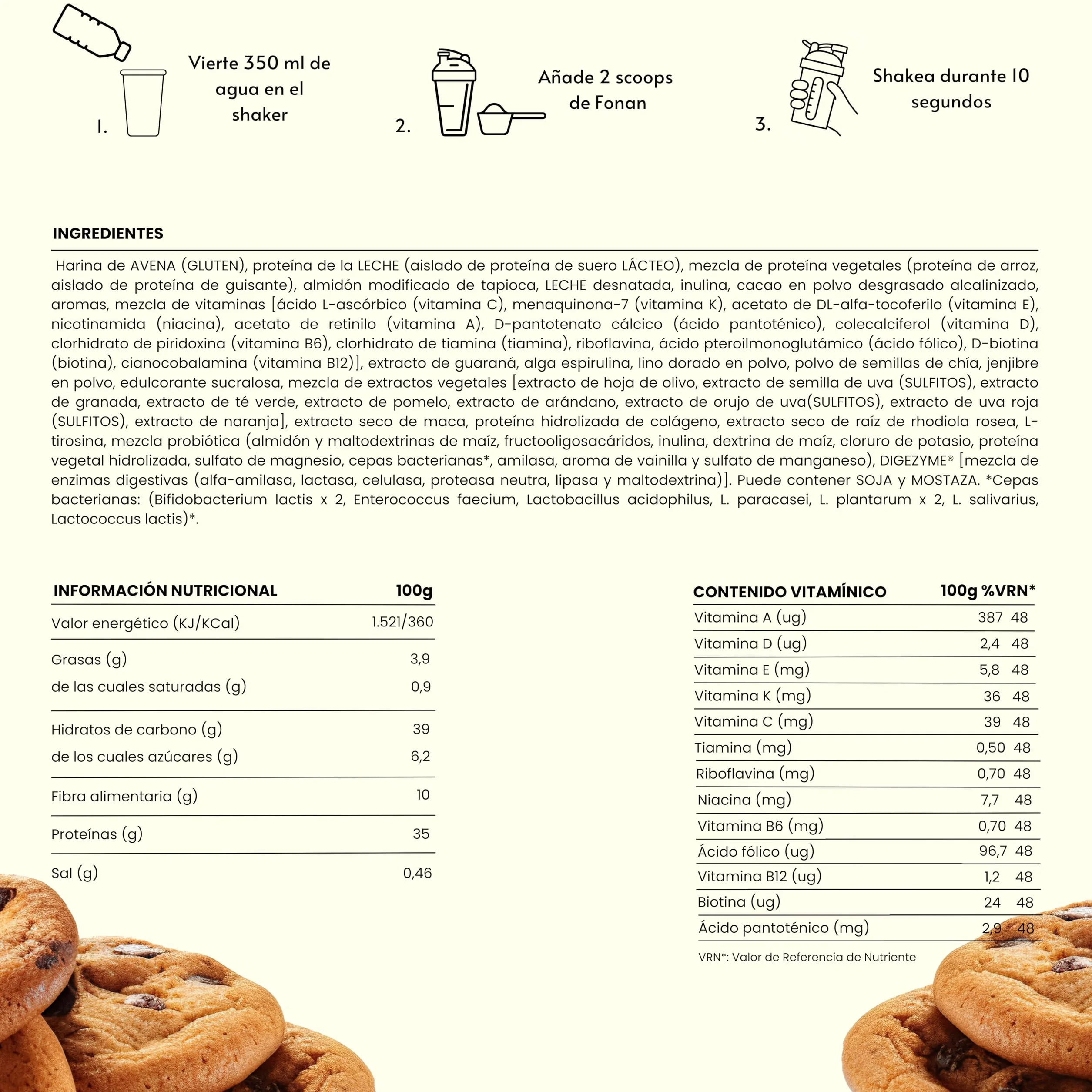 FONAN Batidos Sustitutivos de Comida y Desayuno con Enzimas DigeZyme y Probioticos - Batidos Saciantes Completos y Sanos con Proteina, Carbohidratos, Vitaminas, Minerales y Superalimentos COOKIES