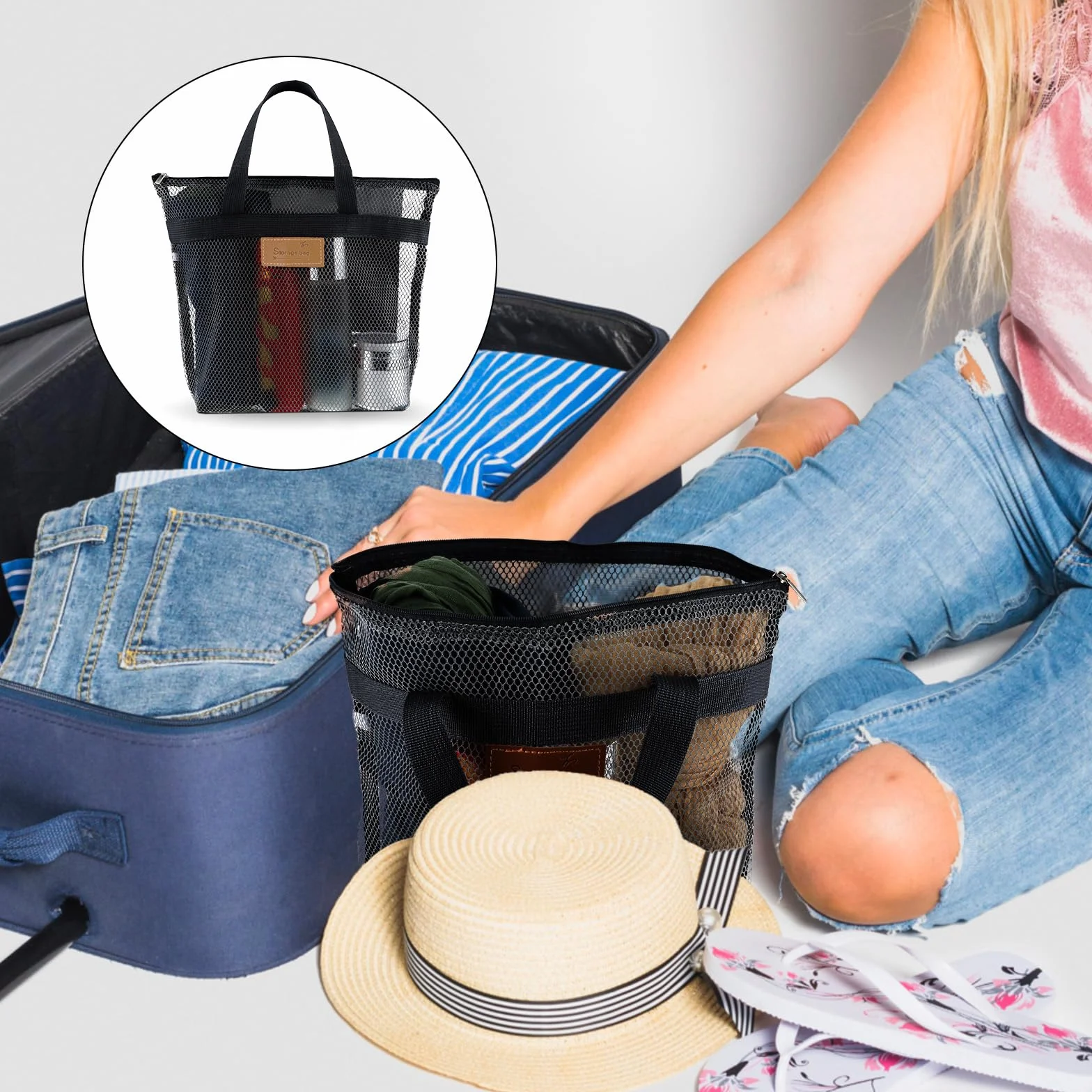 Molain Bolsa de ducha de malla portátil gran capacidad para viajes gimnasio natación playa
