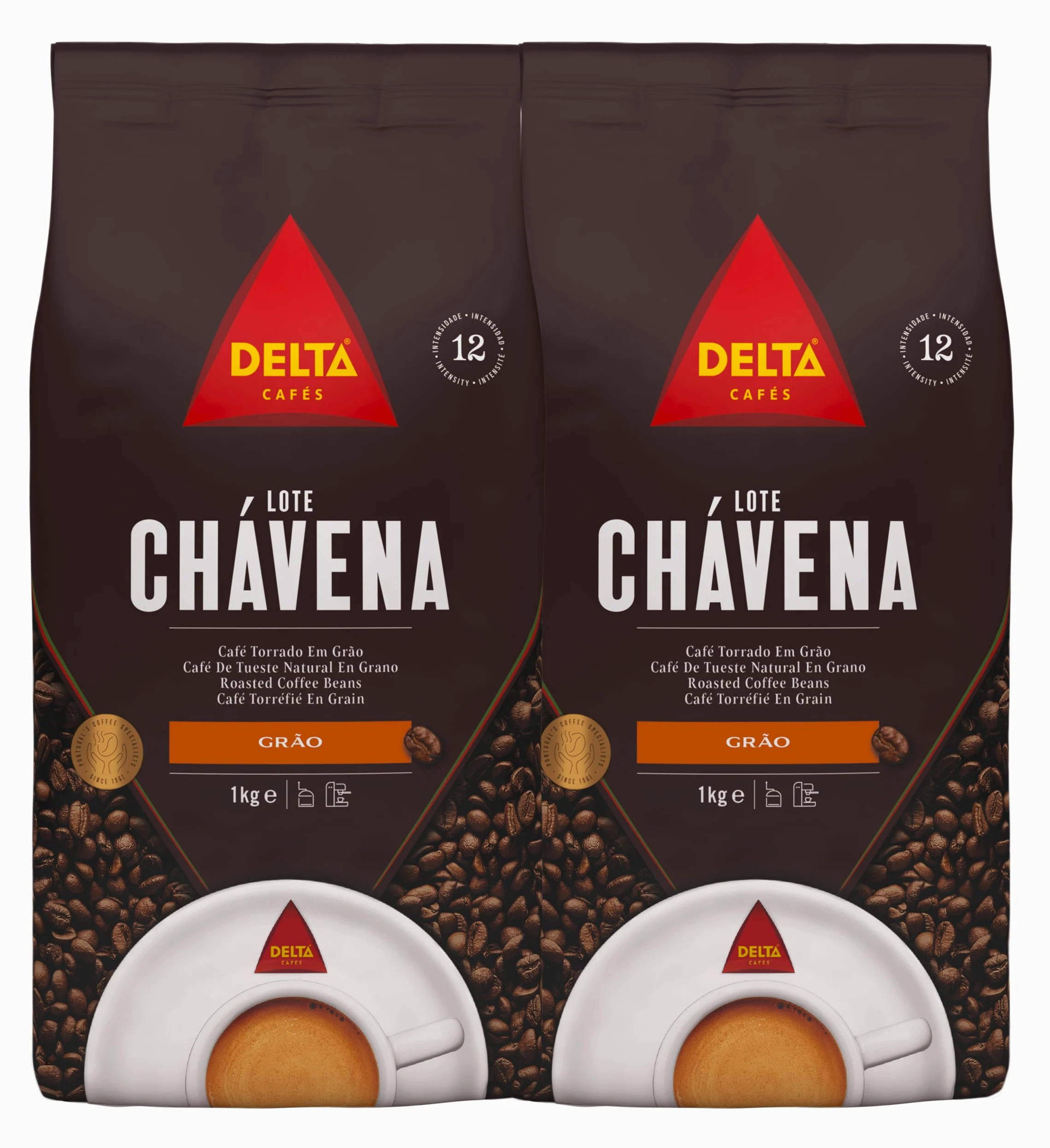 Delta Cafés - Café en Grano Chávena - Pack 2 x 1 Kg - Intensidad 12 - Mezcla de Granos Arábica y Robusta - Sabor Intenso y Aromático con Notas de Especias, Palomitas, Chocolate y Avellanas