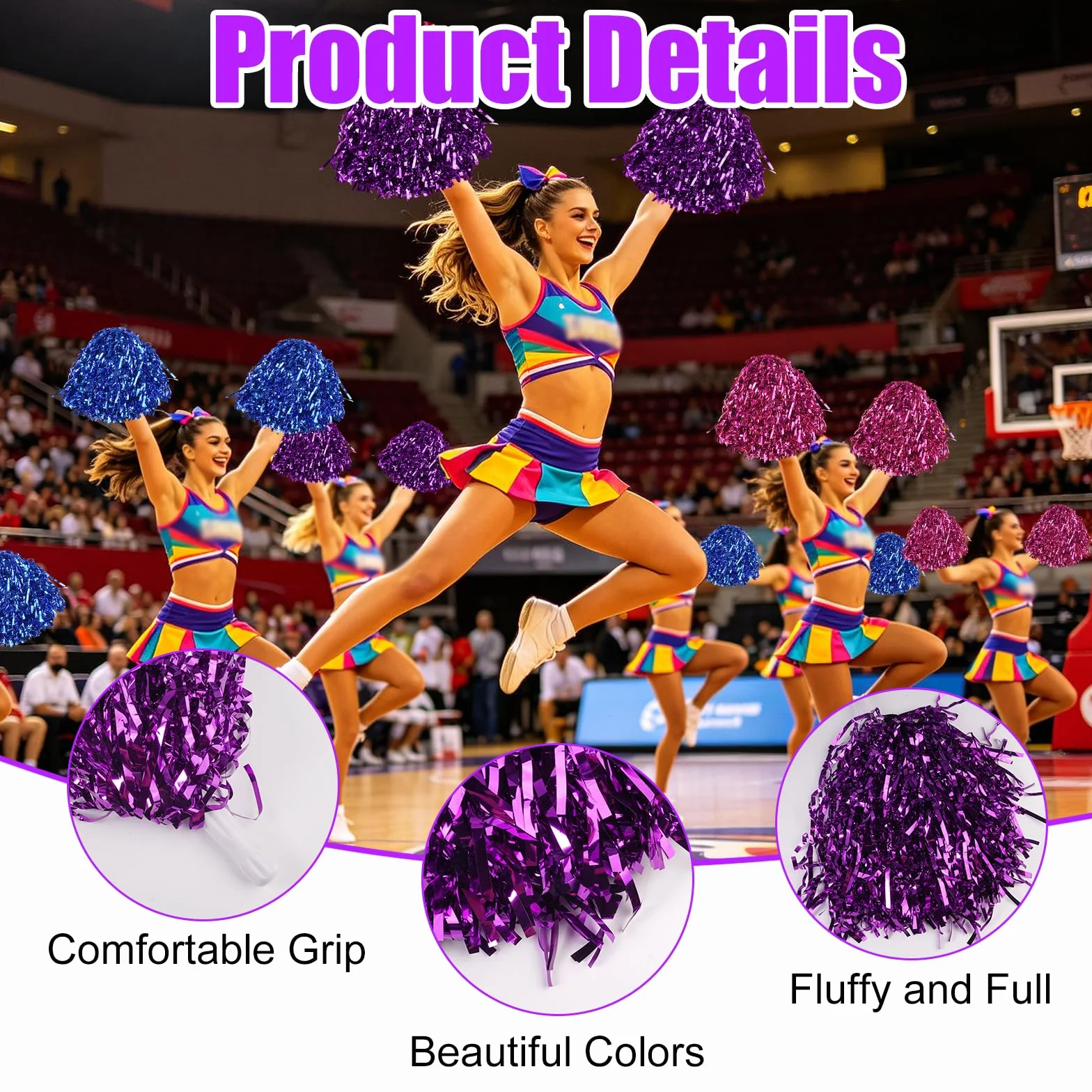 Pompones de Animadora 6 Piezas con Mango Azul/Violeta/Magenta para Eventos Deportivos y Fiestas
