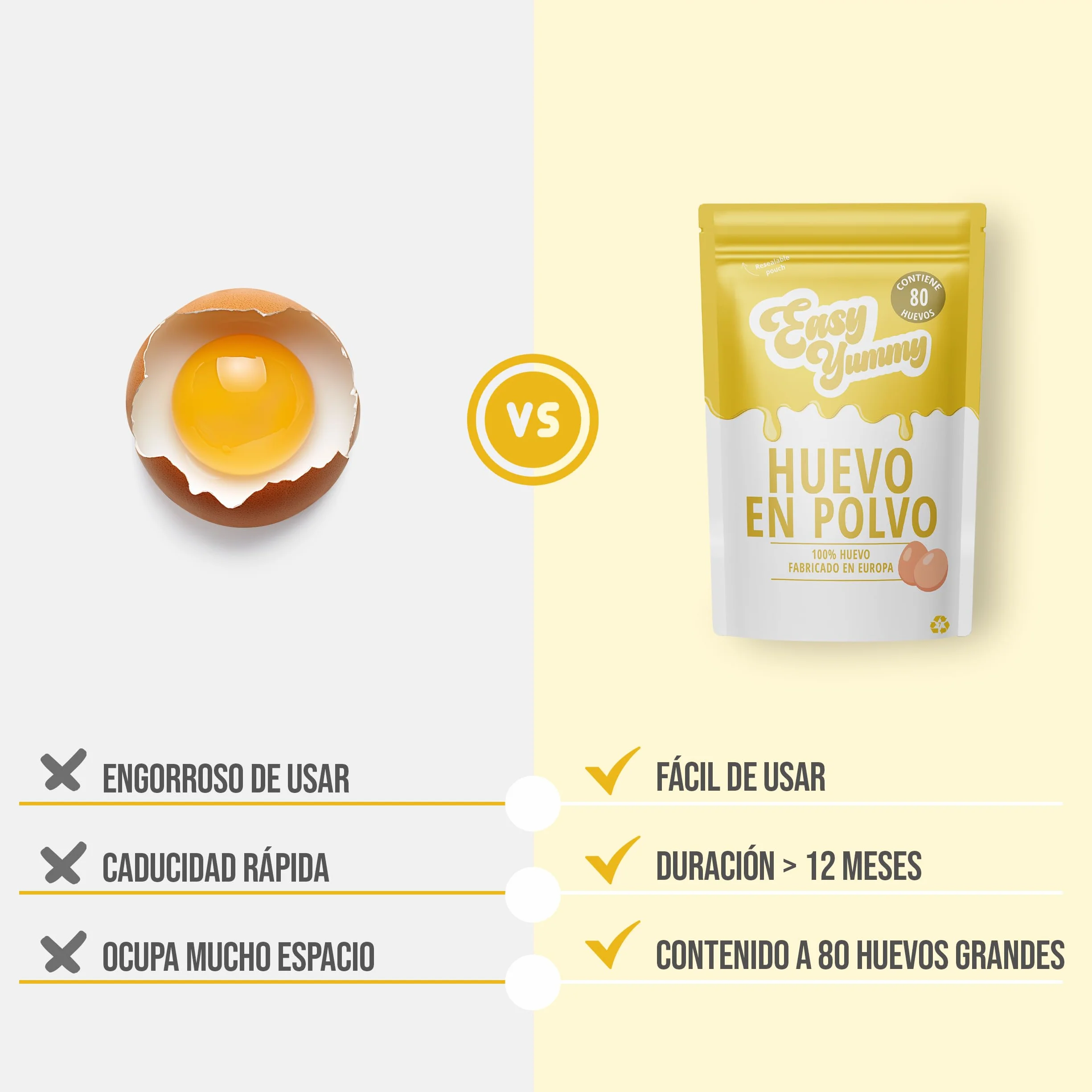 EASY YUMMY Huevo Entero en Polvo 1kg 100% Huevo en Polvo