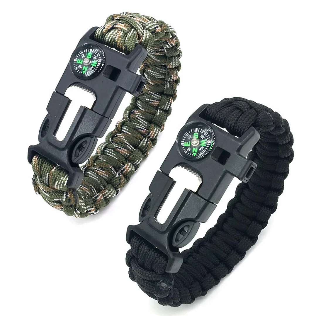 Brazalete Paracord Kit Supervivencia 2PCS Pulsera Paracord Iniciador Fuego Cuchillo Silbato Camuflaje