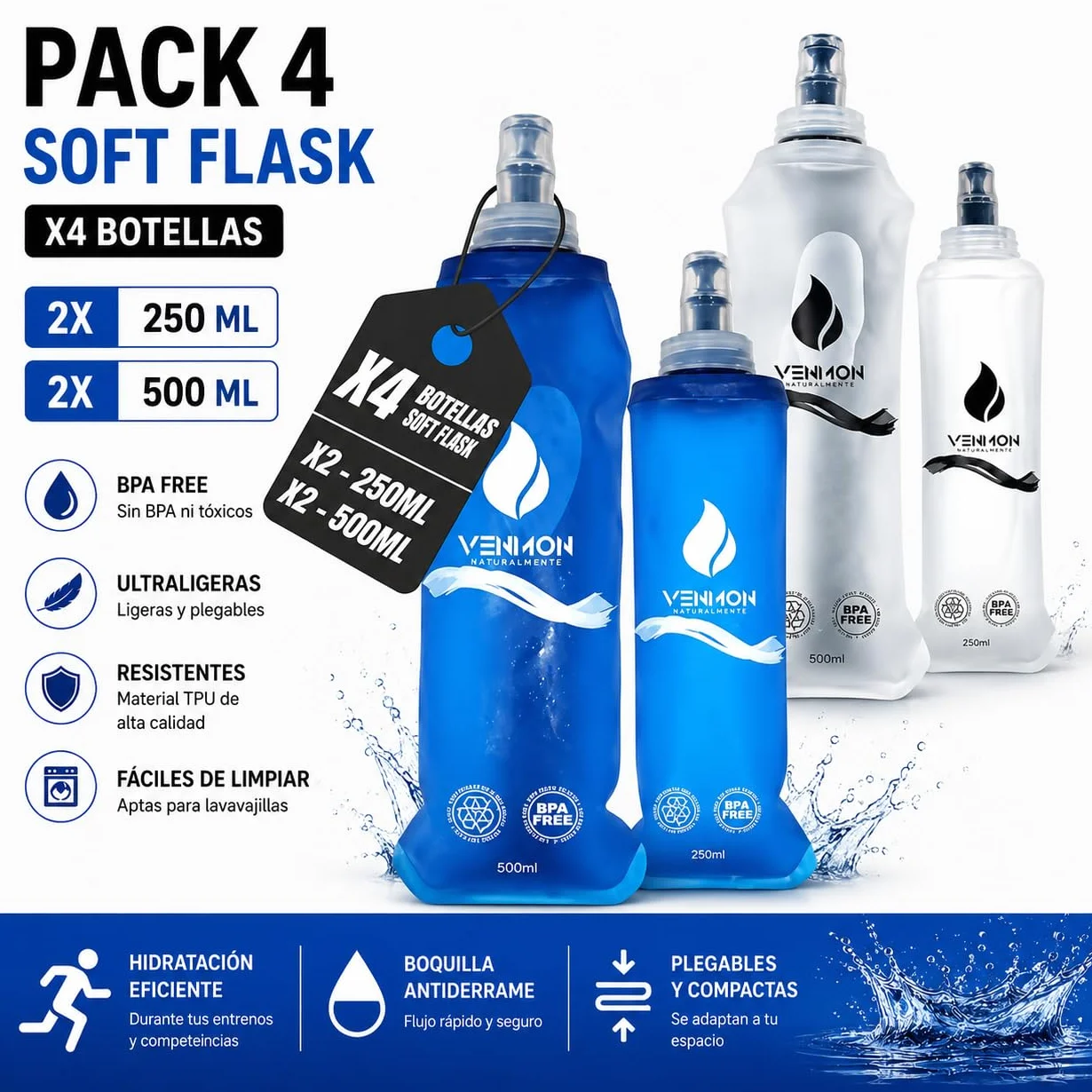 Pack de 4 Soft Flask 250ml y 500ml Botella Plegable Agua Running TPU Libre BPA Válvula Antigoteo