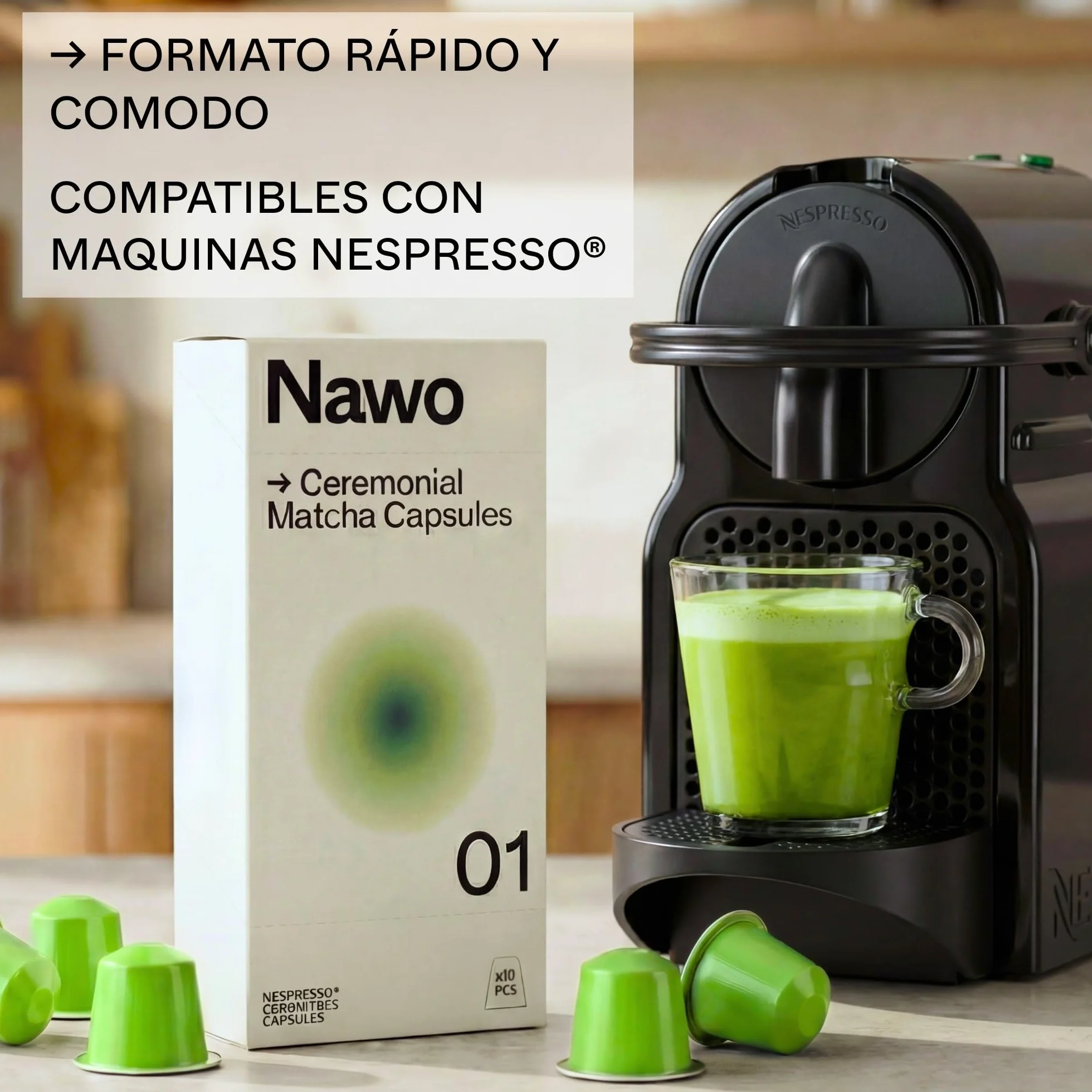 10 Cápsulas de Té Matcha Ceremonial – Compatibles con Nespresso®, 100% Natural, Té Verde en Polvo, Ideal para Matcha Latte, Sin Azúcares Añadidos ni Conservantes – NAWO® Matcha