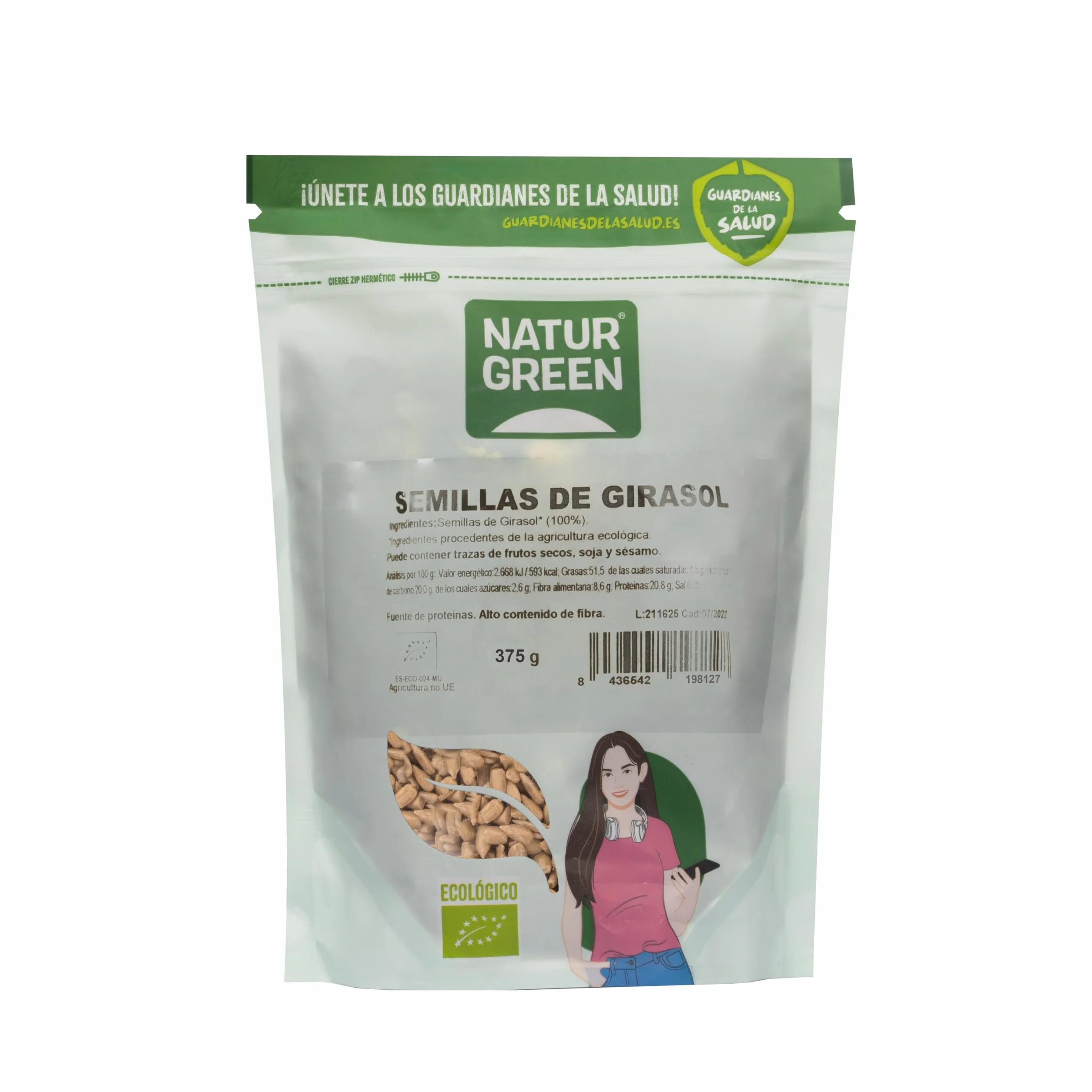 NaturGreen - Semillas de Girasol Bio 375 g, Semillas Ecológicas Crudas y Naturales, Fuente de Proteínas y Fibra, Sin Gluten ni Azúcares Añadidos, Apto para Dietas Veganas