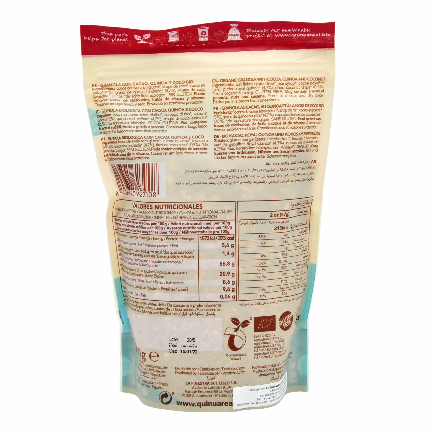 Granola de quinoa real con cacao y coco sin gluten BIO - Quinua Real - 275g