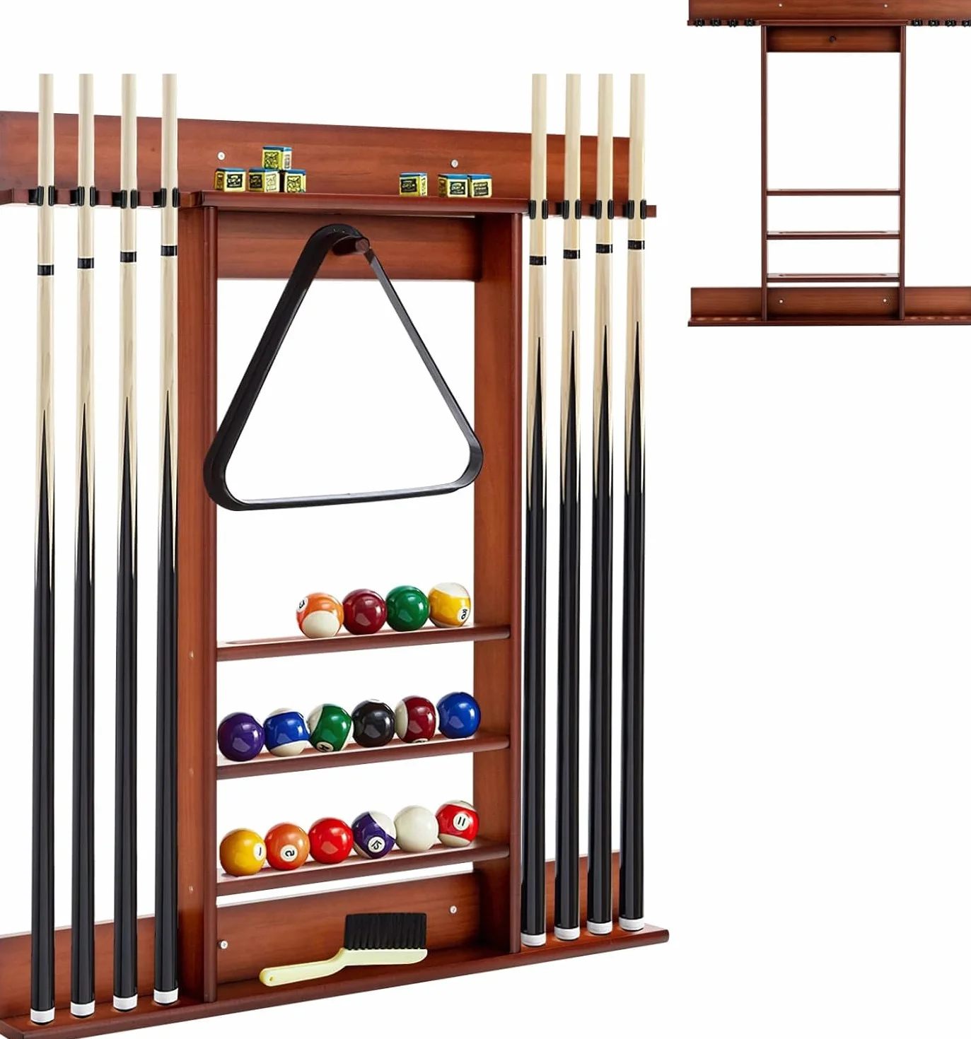GYMAX Soporte para Tacos de Billar de Madera de Pino, para 8 Tacos, 15 Bolas y Accesorios