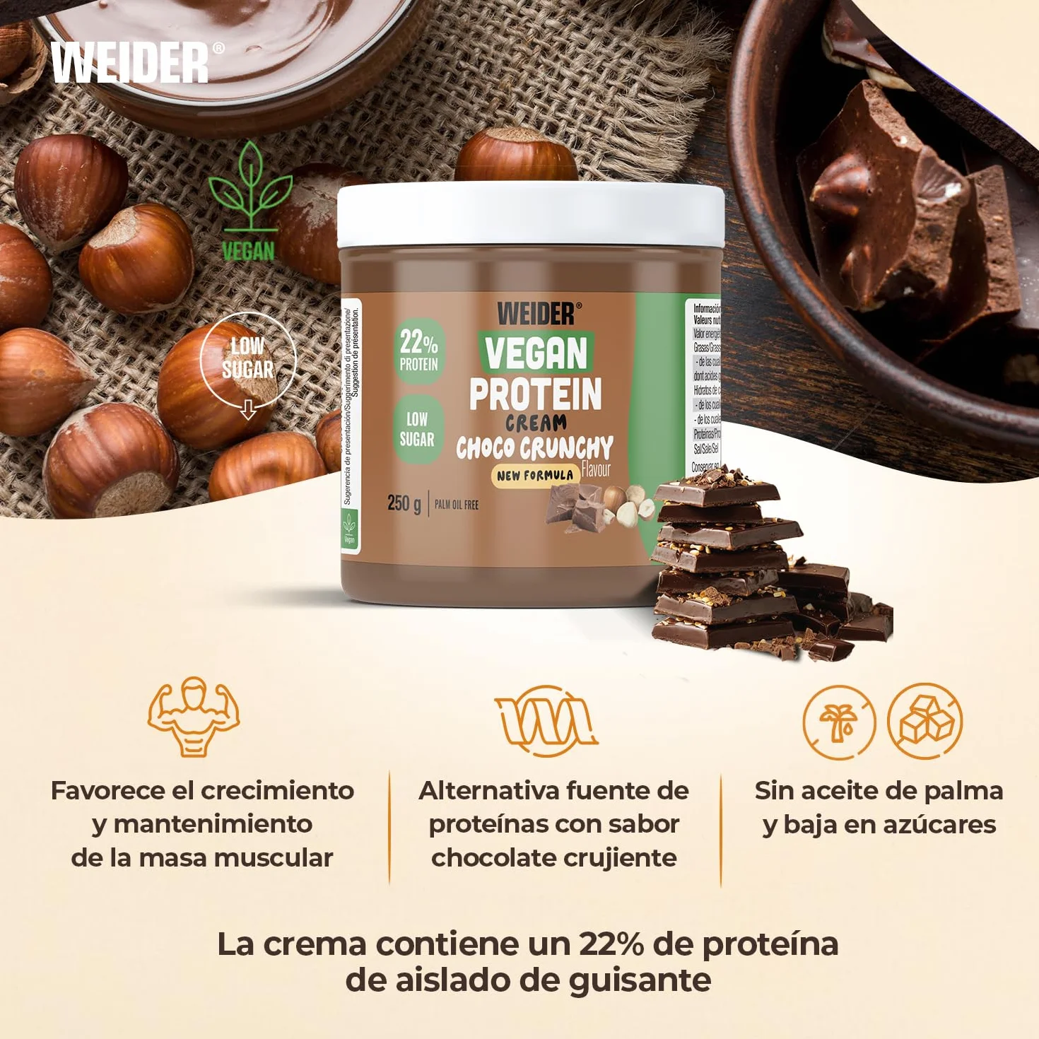 Weider Crema Proteica Vegana, Sabor Chocolate con Avellanas - 250 g