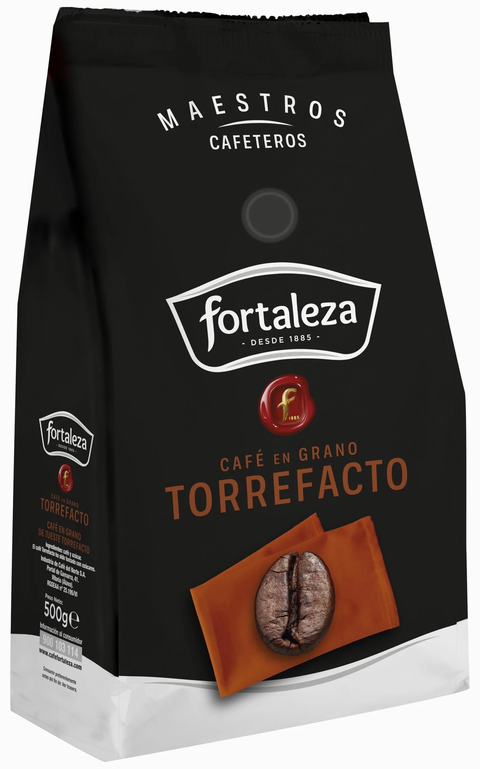 CAFÉ FORTALEZA Café en Grano Torrefacto 500g x 6 - Total 3KG - Cafés Robustas torrefactados. Sabor pleno y regusto intenso, con matices caramelizados, gran cuerpo y cremosidad. Color oscuro en taza.