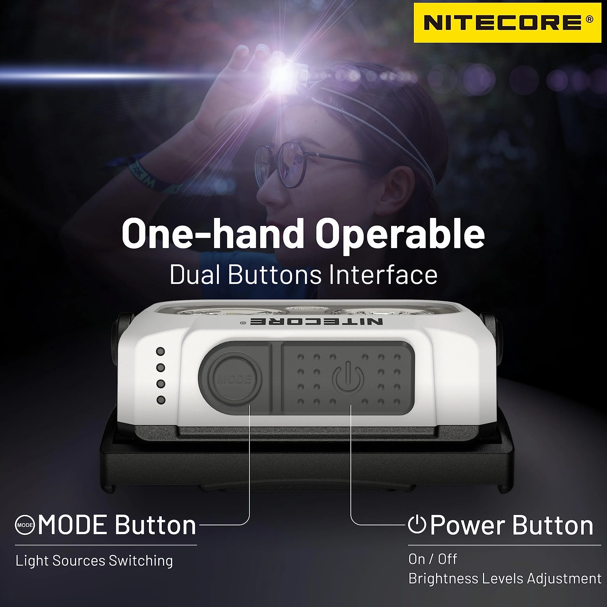 Nitecore NU21 Linterna frontal 360 lúmenes con doble haz USB-C Amarillo