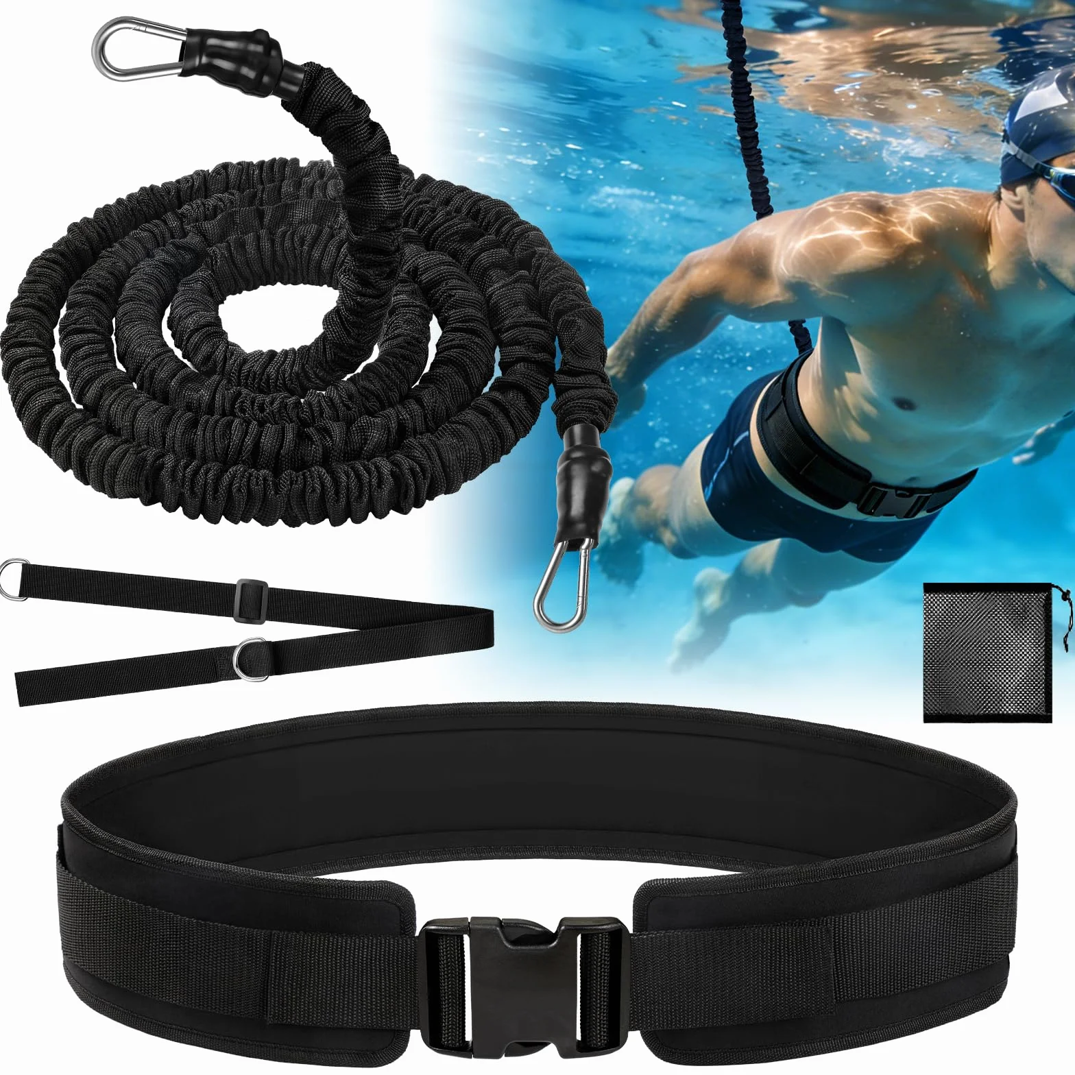 Nadathlon Cinturón de Natación Elástico 2,5-7,5M Látex Natural Acolchado Negro