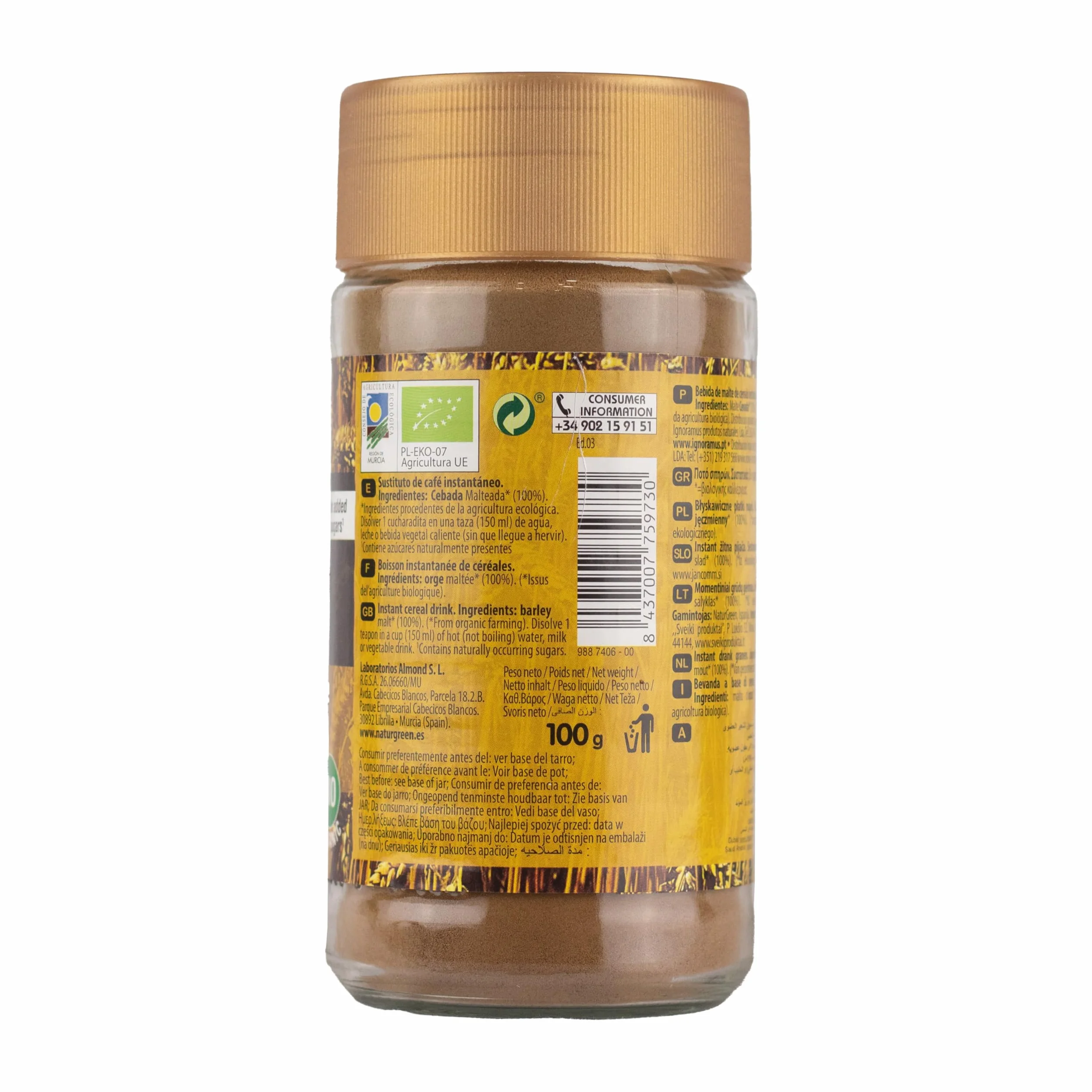 NaturGreen - BioMalta Instantánea Ecológica, Pack 6 x 100 g, Malta Soluble Bio en Polvo, Bebida de Cebada Malteada 100% Vegetal, Alternativa al Café, Sin Cafeína, Sin Lactosa, Sin Azúcar Añadido