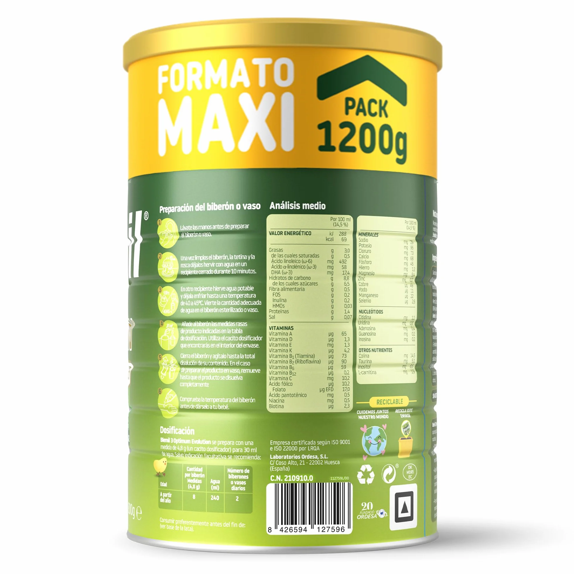 Blemil 3 Optimum Evolution 3PACK | 3 Botes de 1200g | Preparado Lácteo en Polvo para Niños de 1 a 3 años - 0% Azúcares Añadidos, sin Aceite de Palma - Amazon Exclusive