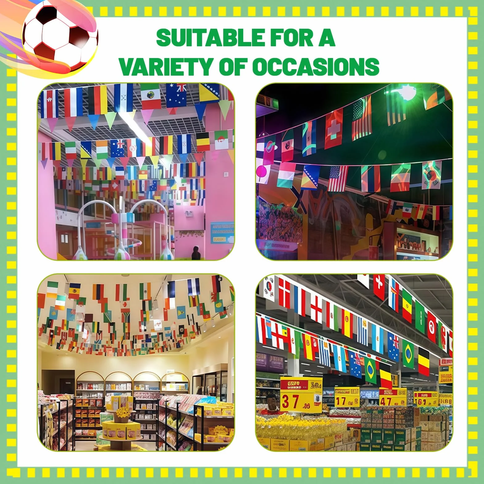 Banderines Mundial 2026, 2 paquetes de 32 banderines, 20 m, guirnalda decorativa de fútbol, impresión por ambos lados