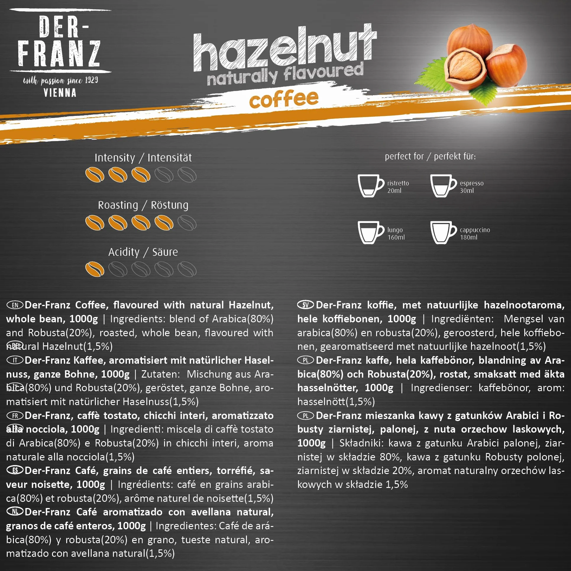 Der-Franz Café, Aromatizados con Avellana, Café mezcla de Arábica y Robusta granos enteros, 1000 g