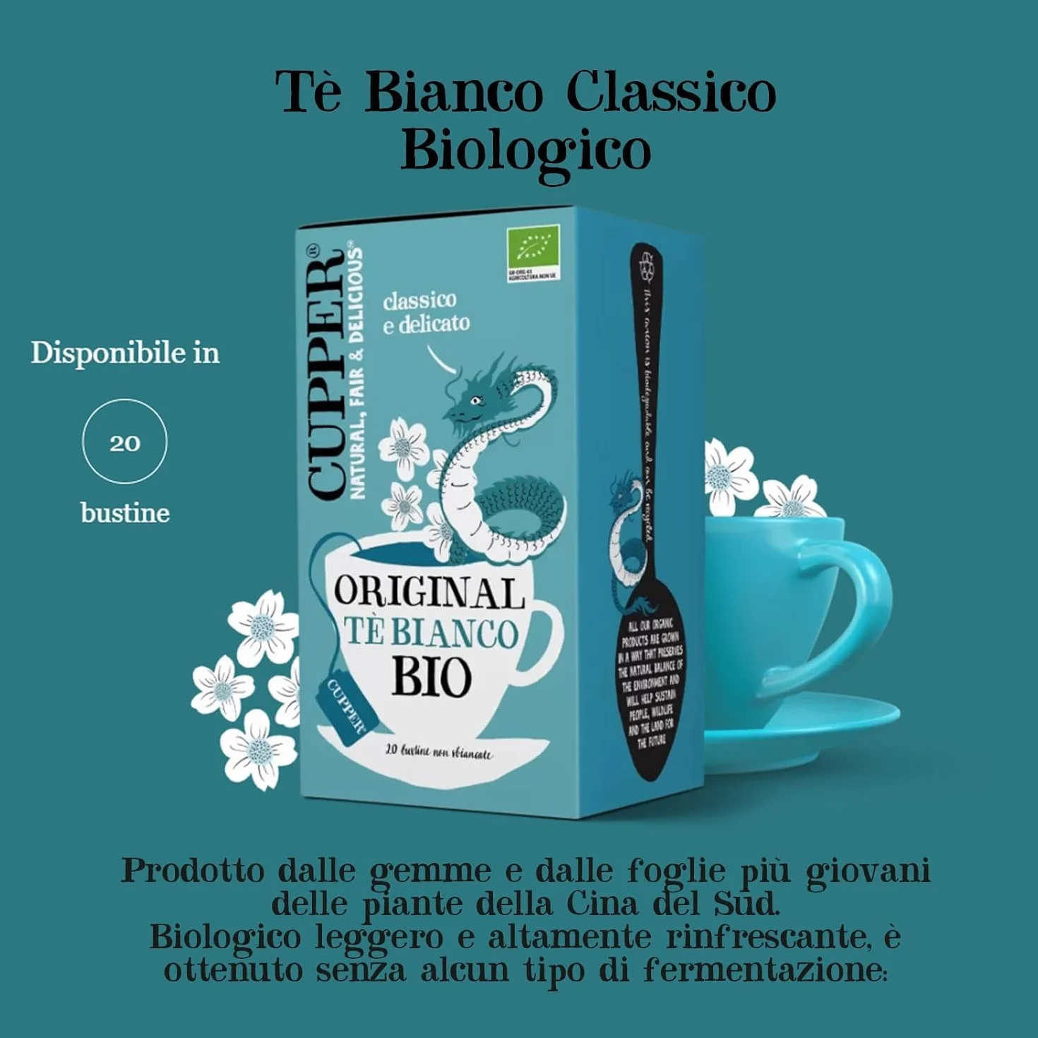 Cupper - 20 Bolsitas de Té Blanco Ecológico - Sin Azúcar Añadido - Apto para Veganos - Propiedades Antioxidantes - Sabor Suave con Toques Cítricos - Sin Leche, Huevo ni Lactosa