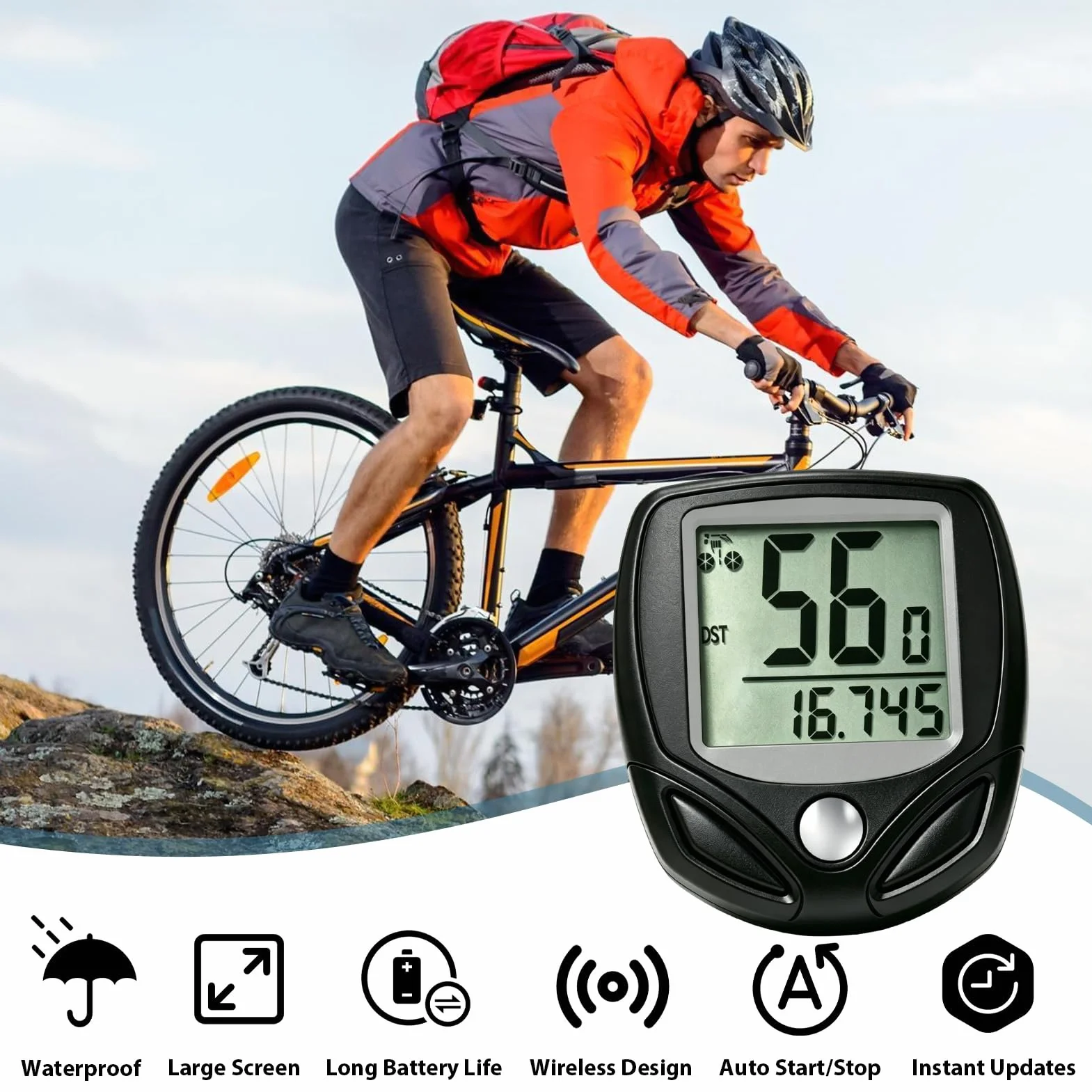 Ciclocomputador Inalámbrico con 19 Funciones IP54 Resistente al Agua Pantalla LCD Inicio Parada Automática