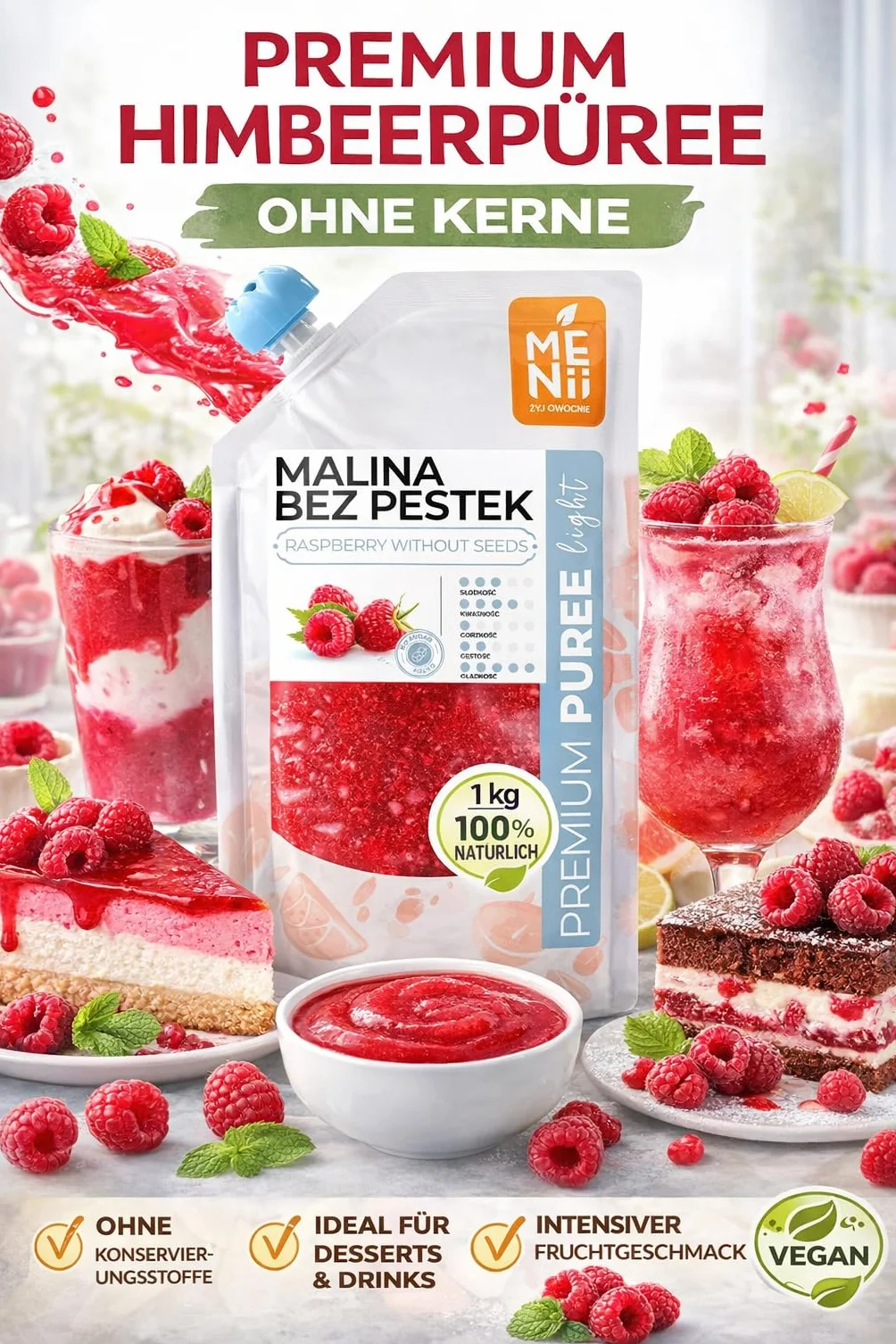 Puré de Frambuesa Premium, 1 kg, Sorbete, Postre, Frambuesa - Puré de Frutas, Pulpa