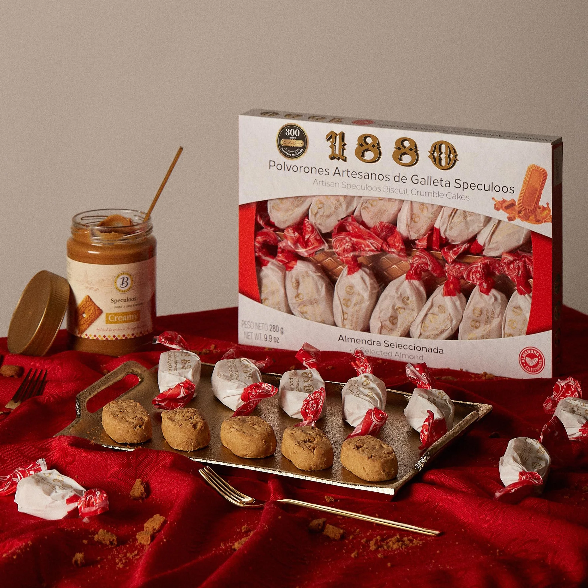 1880 - Polvorones Artesanos de Galleta Speculoos 280 g, Receta Artesanal con 95% de Galleta Speculoos y Almendra Seleccionada, Envase Individual, Textura Suave, Típico Dulce Navideño