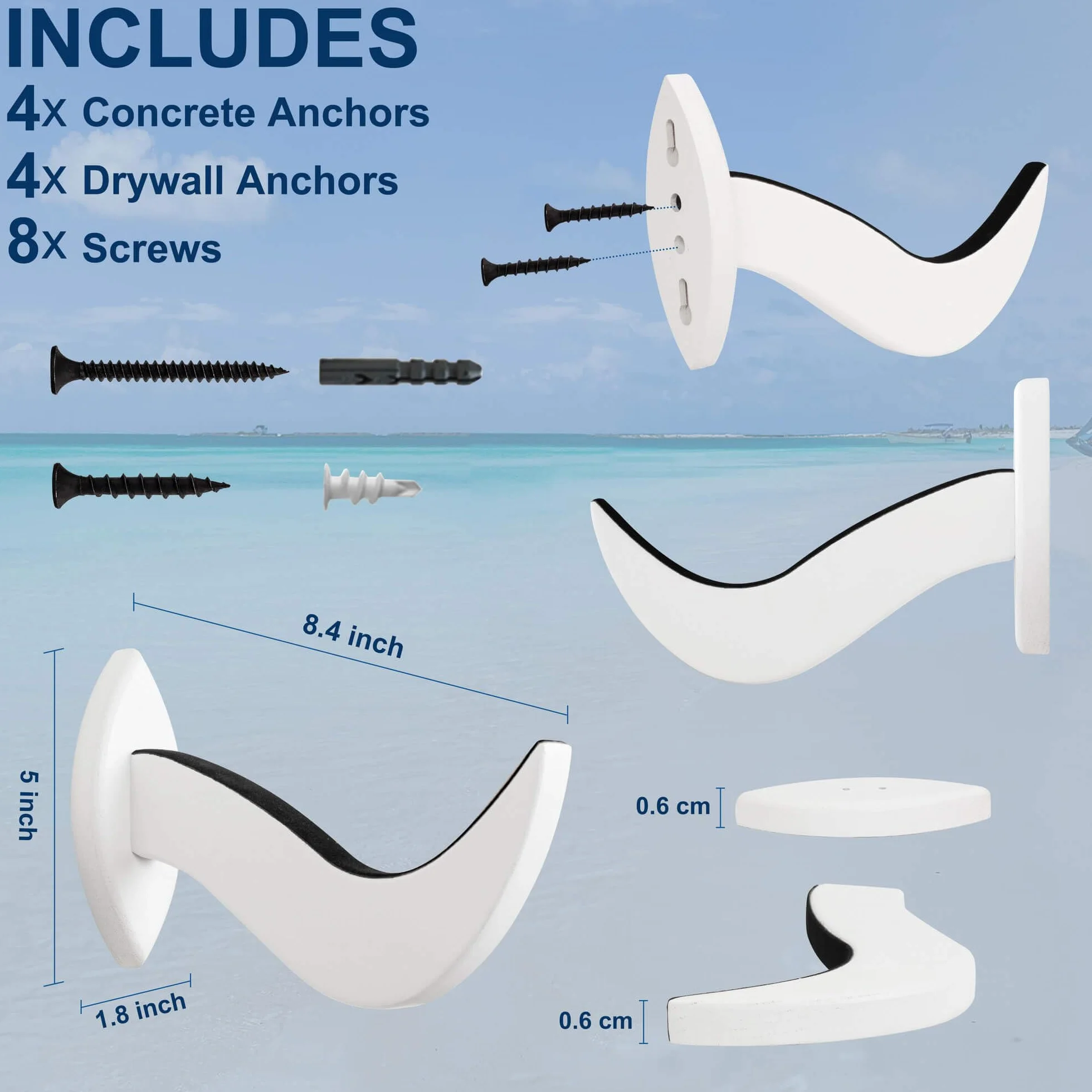 Soporte de Pared para Tabla de Surf, Estante de Madera Sostenible, Colgador (Blanco)