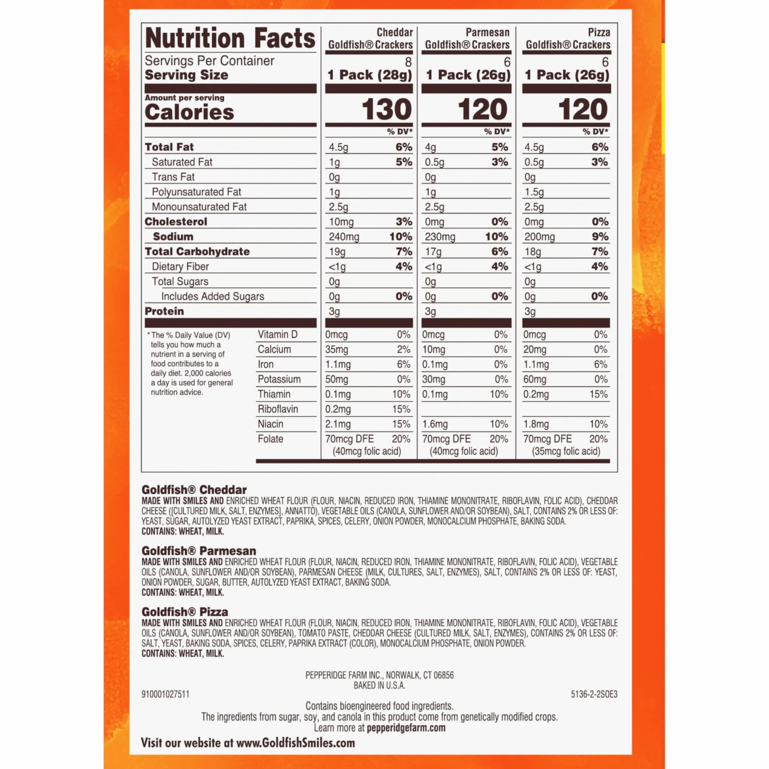 Pepperidge Farm Goldfish Crackers Say Cheeeese variedad con cheddar, pizza y parmesano, 20 paquetes de aperitivos