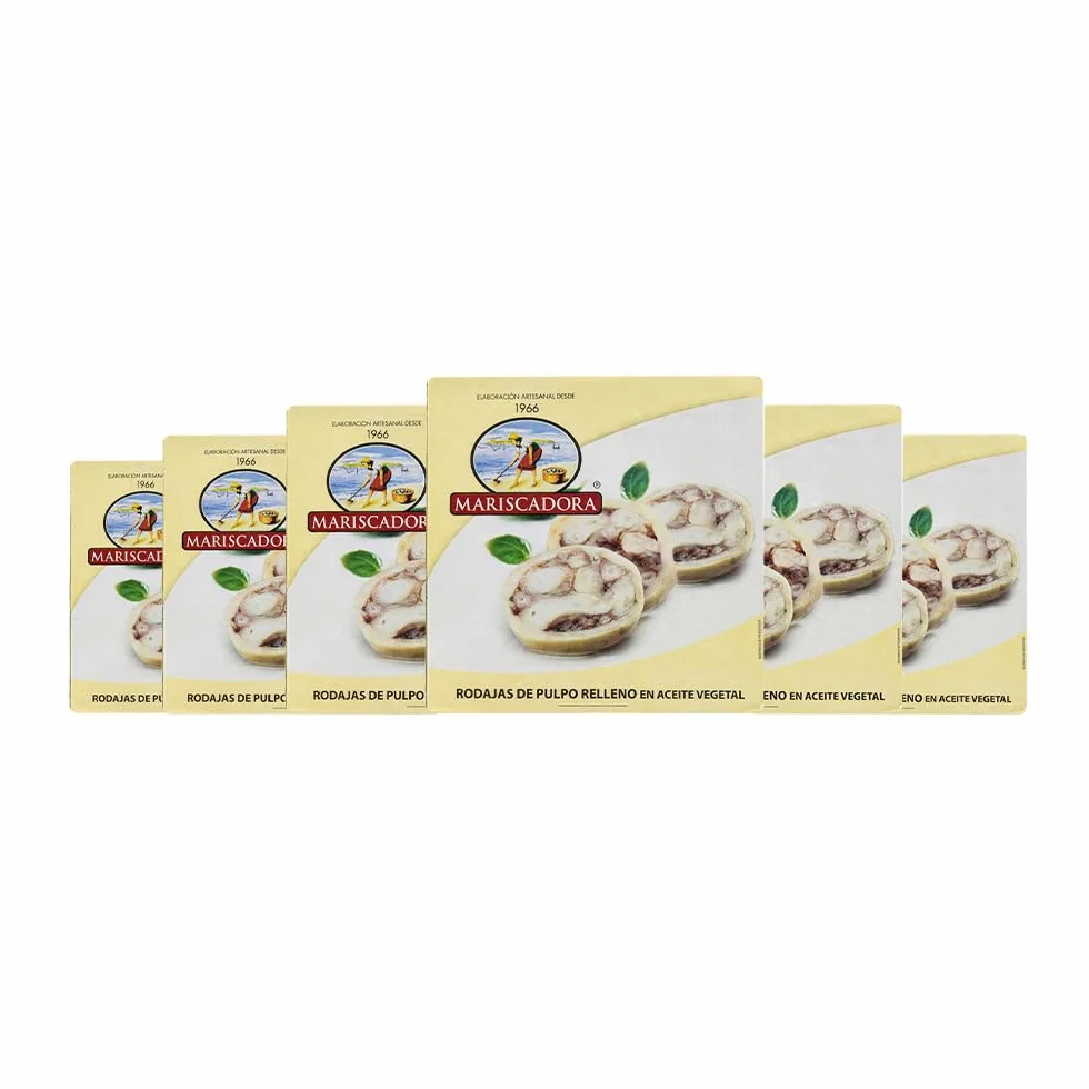 Pack 6x Rodajas de Pulpo Relleno Mariscadora – 270 g c/u | Rodajas Artesanales de Pulpo Blanco en Aceite Vegetal | Aperitivo Gourmet Gallego | Sin Aditivos