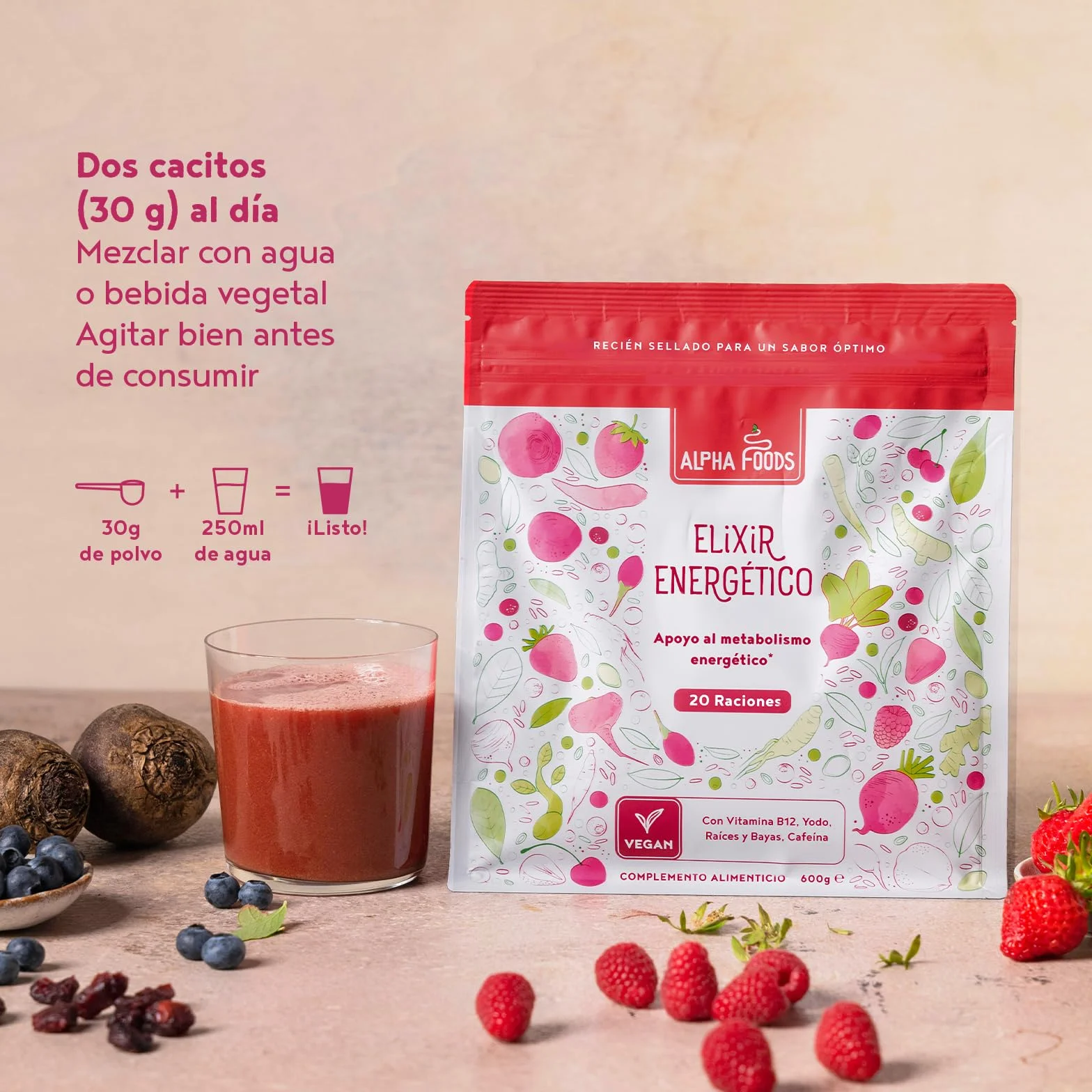 Elixir Energético | 600 Gramos | Superfood Smoothie Powder con raíces y bayas: Maca, Cúrcuma, Guaraná, Yerba Mate, Frambuesas, Açai, Bayas de Goji | Alternativa al Café | Alpha Foods