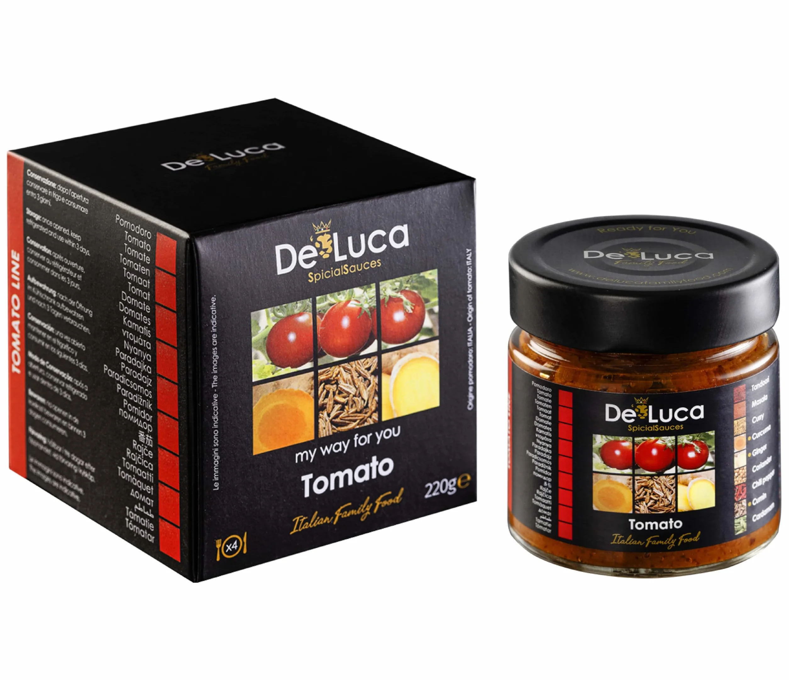 De Luca Family Food: 5 salsas Made in Italy, especiadas y listas para usar. Tomato 220gr, Tomato Tandoori 220gr, Olives Tomato 220gr, Zucchini 210gr, Mushrooms 210gr. Vegetarianos.