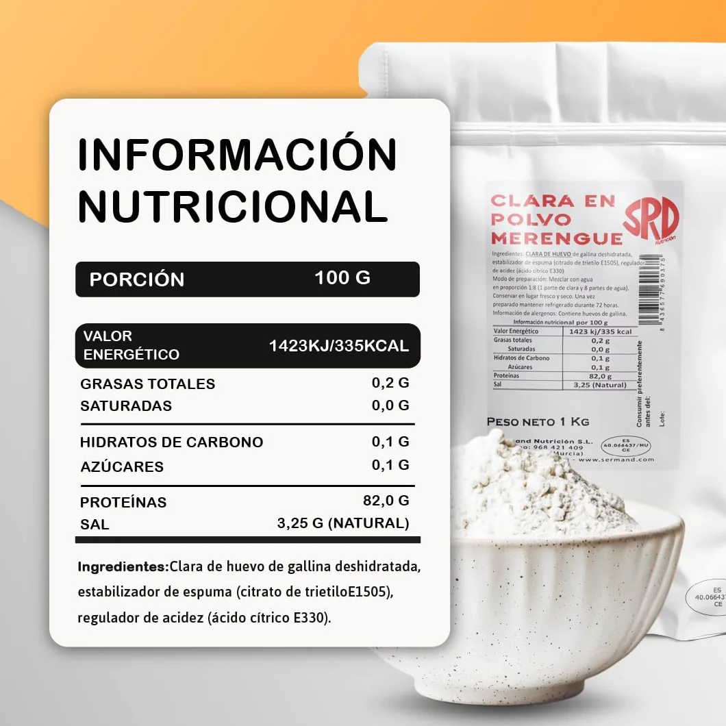 Clara de Huevo en Polvo Especial para Merengue 1Kg Huevos Pasteurizados Deshidratados Sin Aditivos Sin Lactosa Sin Gluten