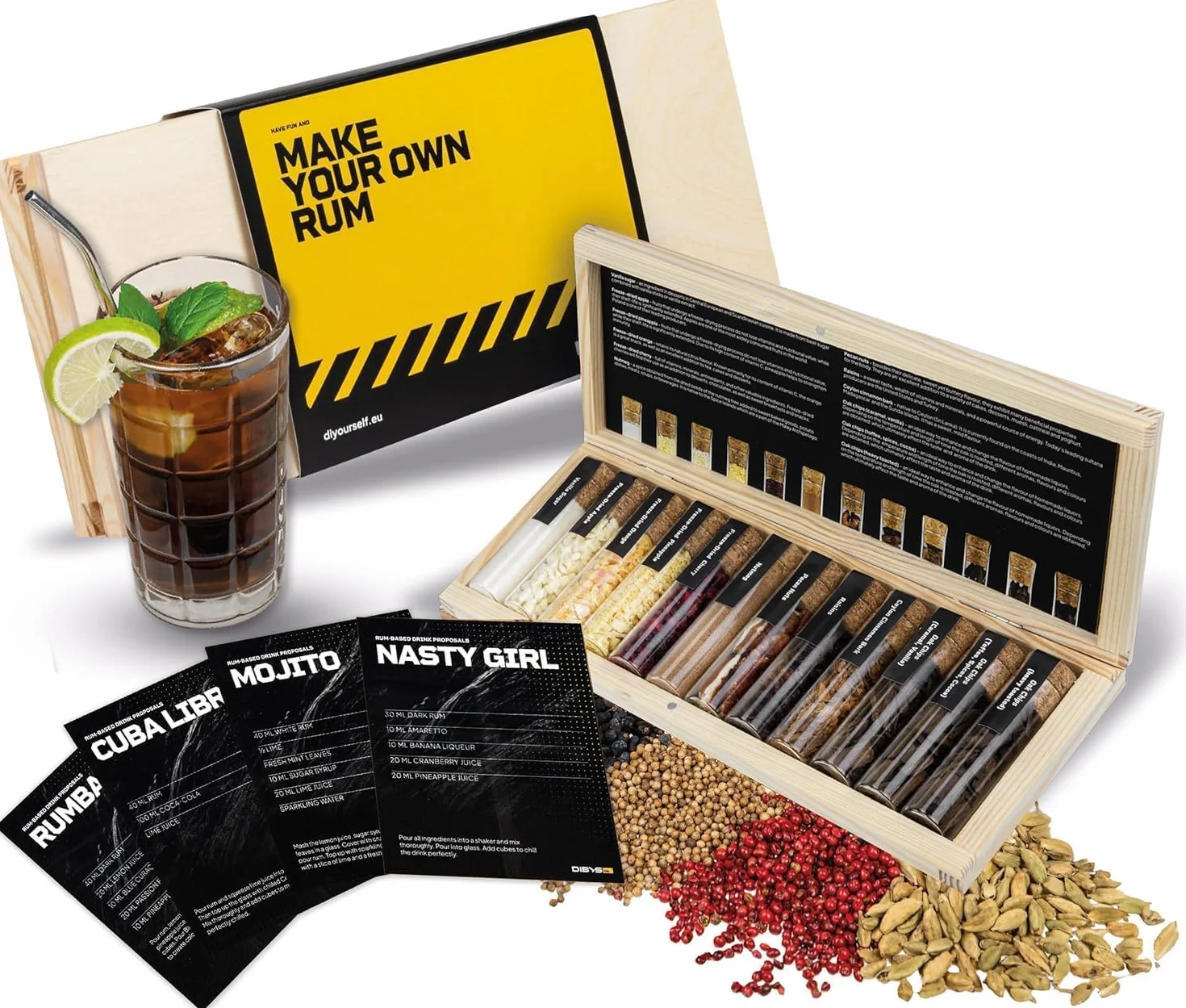 DIBYS Mini Ron Kit de Especias | 12 Botánicos para Infusión y Preparación de Cócteles | con 4 Recetas, Léxico y Elegante Caja | Set de Regalo para Hombres y Mujeres | Juego Hacer Ron en Casa