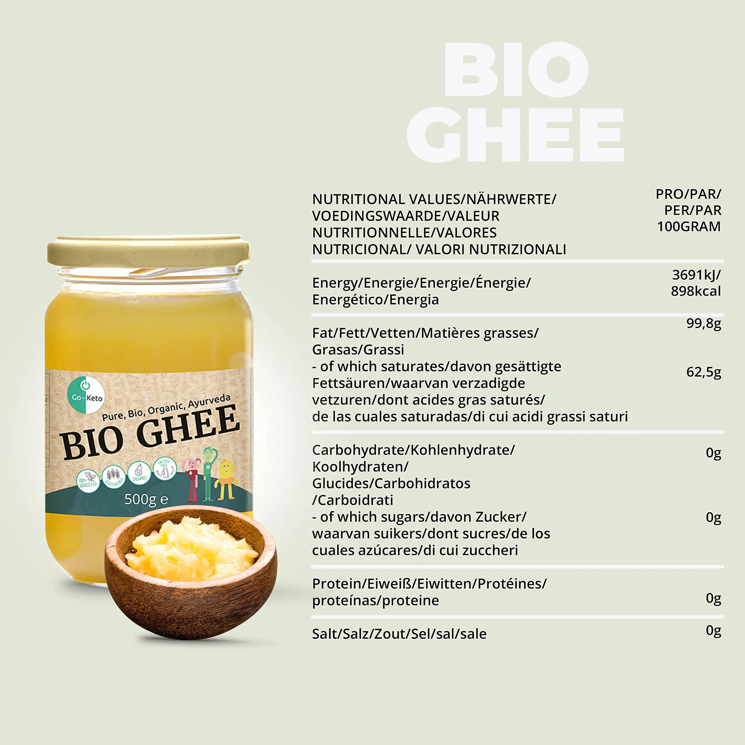 Go-Keto BIO Ghee 1250g Mantequilla clarificada certificada Ayurveda cetogénica Sin lactosa sin gluten Low Carb