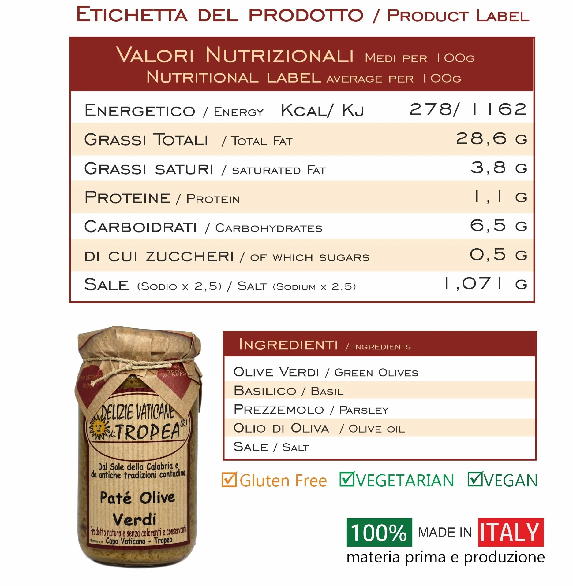 Paté de Aceitunas Verdes 180g | Delicia Calabresa – Perfecto para Bruschetta, Pasta y Queso | Auténtica Salsa Gourmet Italiana por Delizie Vaticane di Tropea