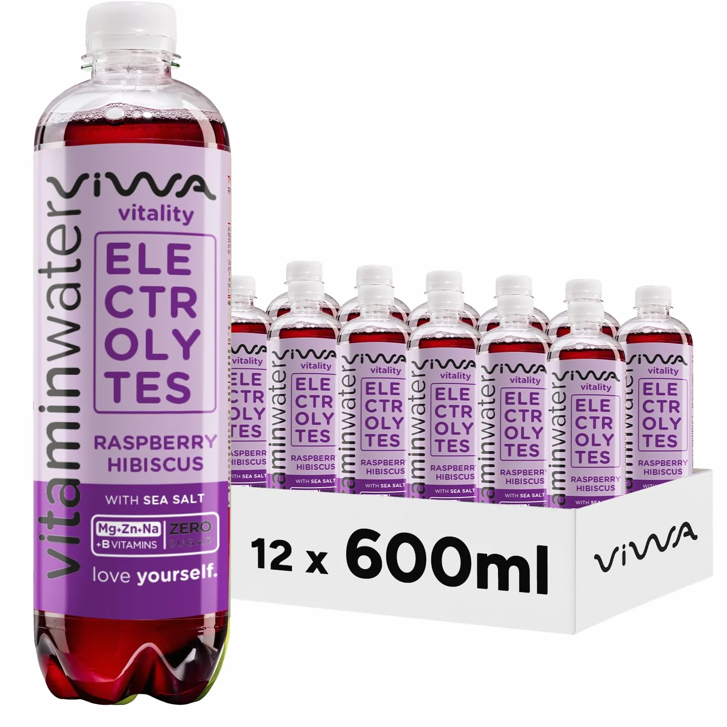 VIWA VITAMIN WATER Bebida Refrescante con Magnesio, Zinc, Sodio y Vitamina B. Sabor Frambuesa e Hibisco, 600ml, Pack de 12, Vitality