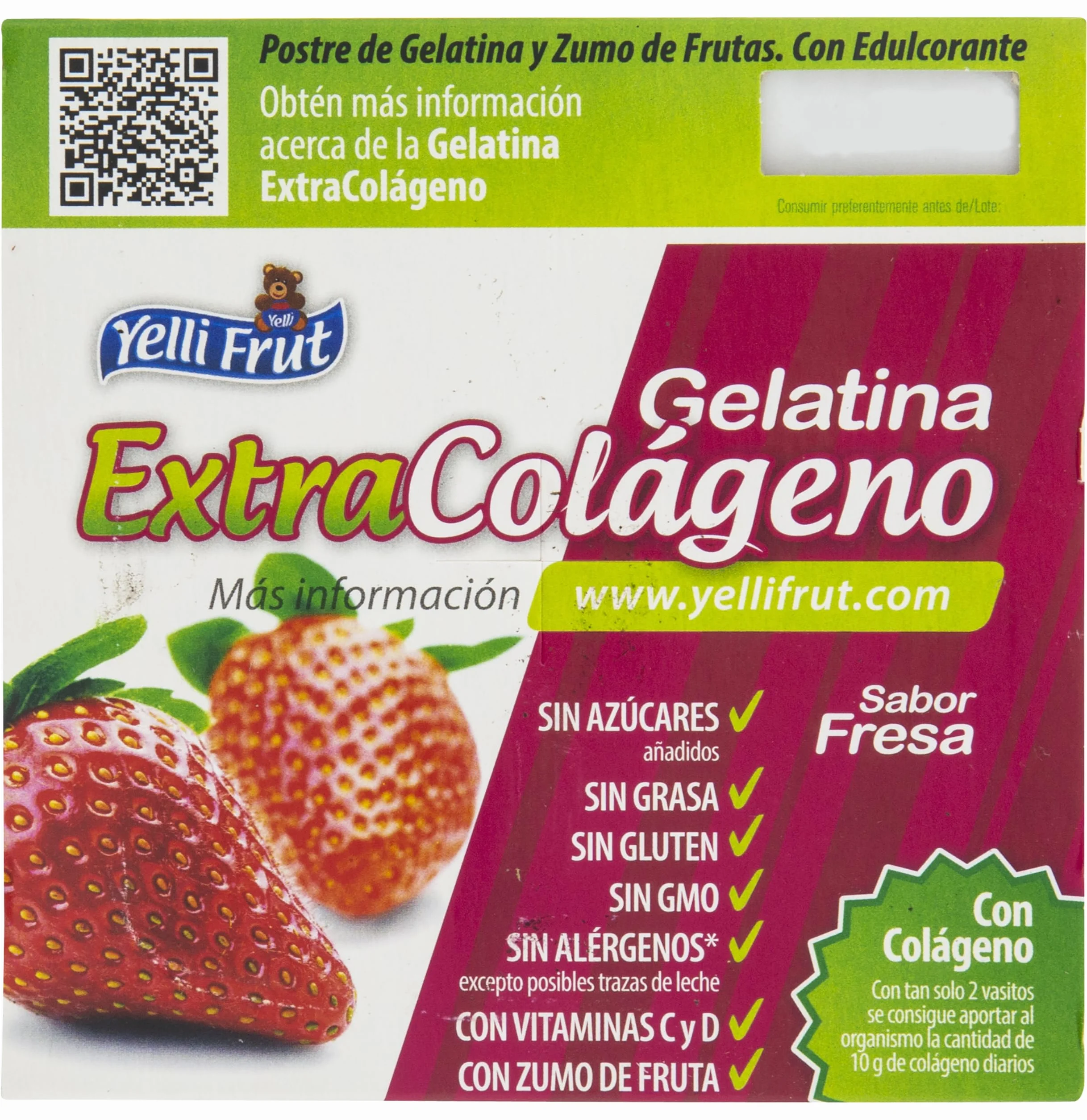 Extra Colágeno Fresa. Postre de Zumo de Frutas y Gelatina. Sabor Fresa en tarrina de 100 gramos. Pack de 12x4 = 48 tarrinas. 8g de colágeno mejora la flexibilidad y función de las articulaciones
